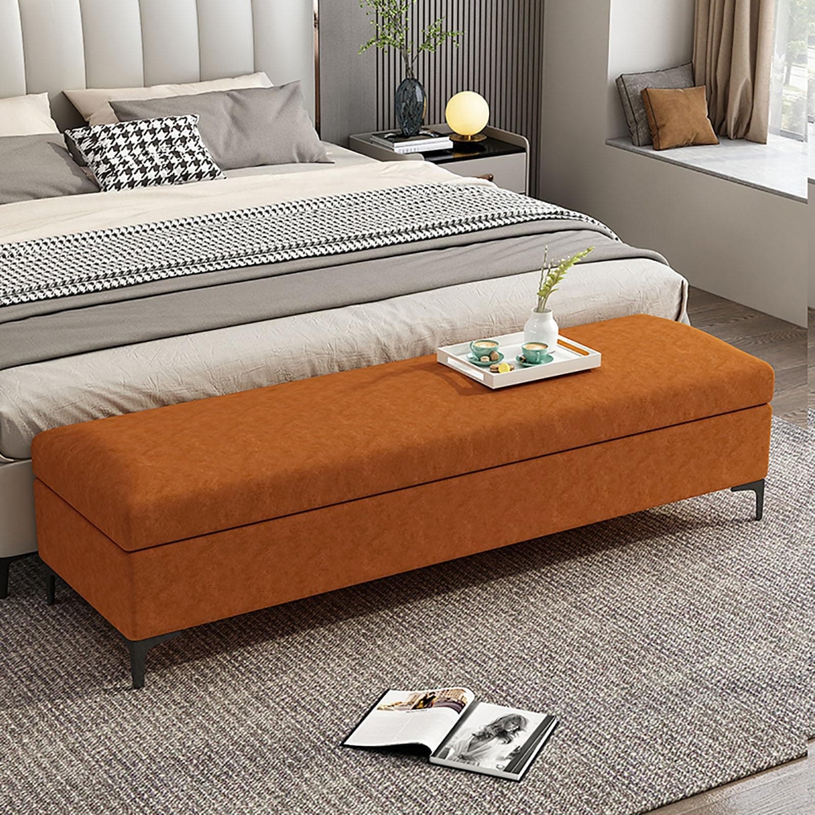Upholstered Storage Bench With Wooden Frame - Versatile Seating for Bedroom, Foyer, Entrance - Narrow Ottoman Bench for End of Bed
