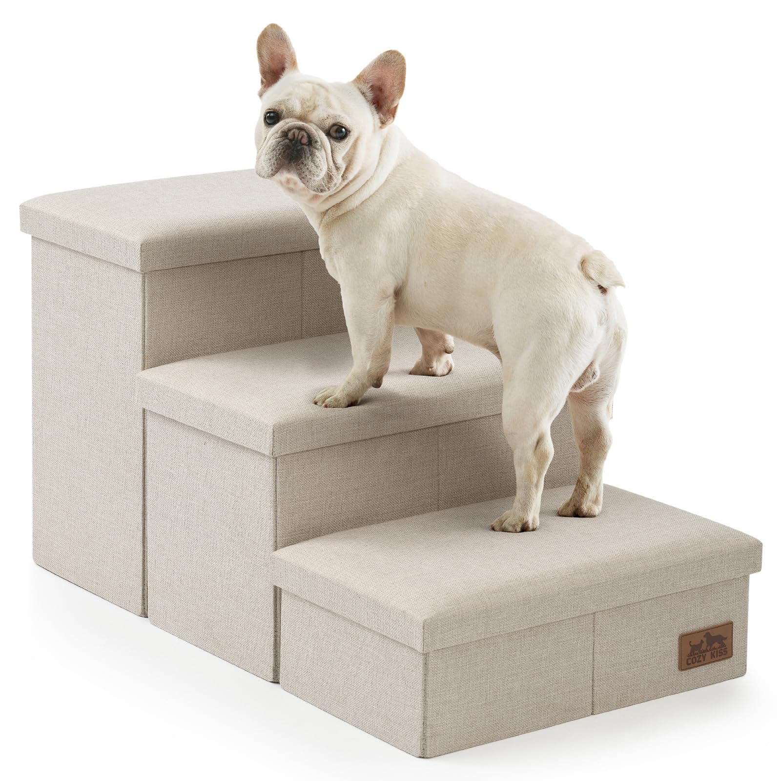 Dog Stairs with Storage, 3-Step Wider Sturdy Dog Steps for Small/Medium/Large Dogs and Older Cats, Folding Doggie Ramp for Bed/Couch/Car Hold Up to 180 Lbs (16.7" H, Beige)