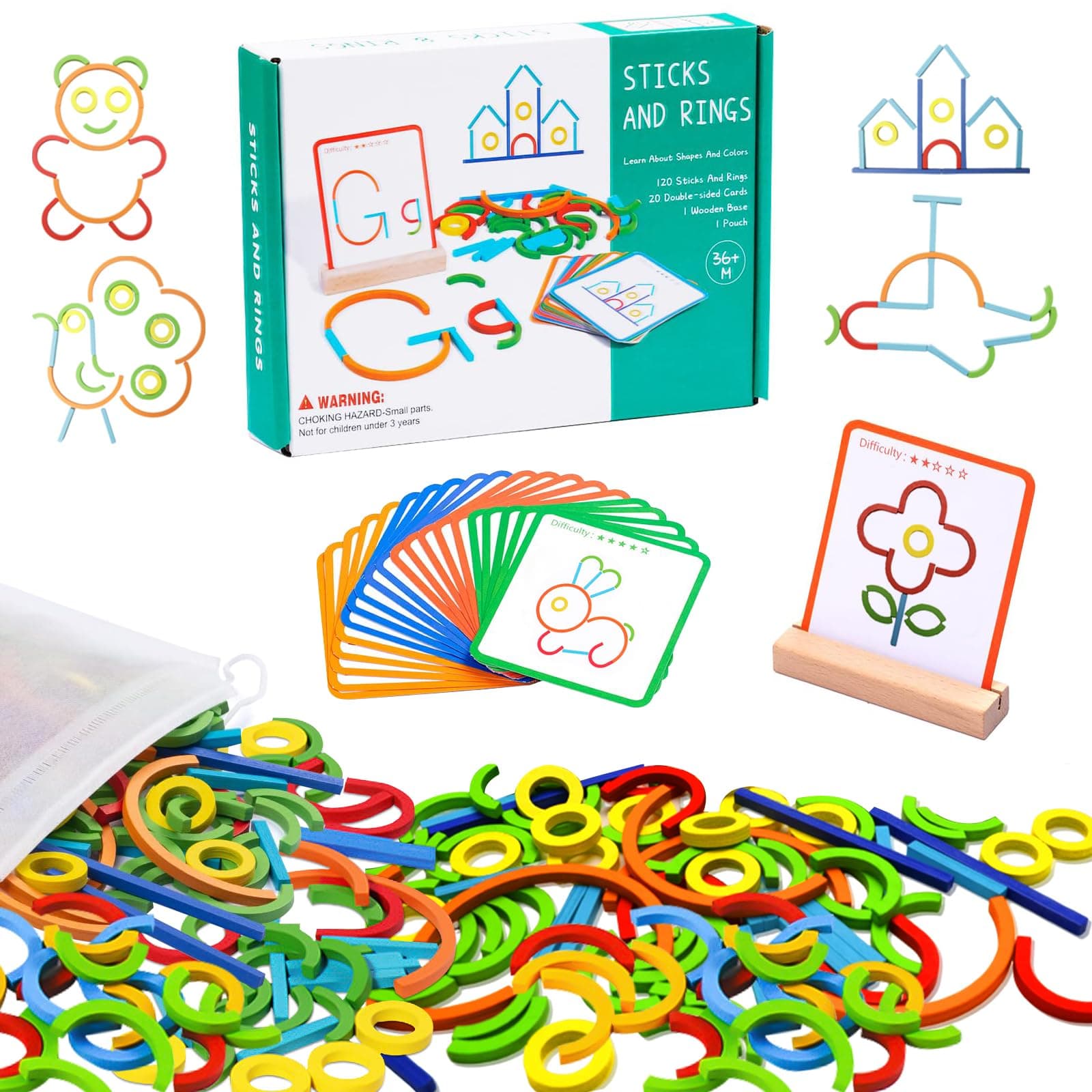 Wooden Pattern Blocks for Kids 142pcs Montessori Smart Sticks STEM Toys