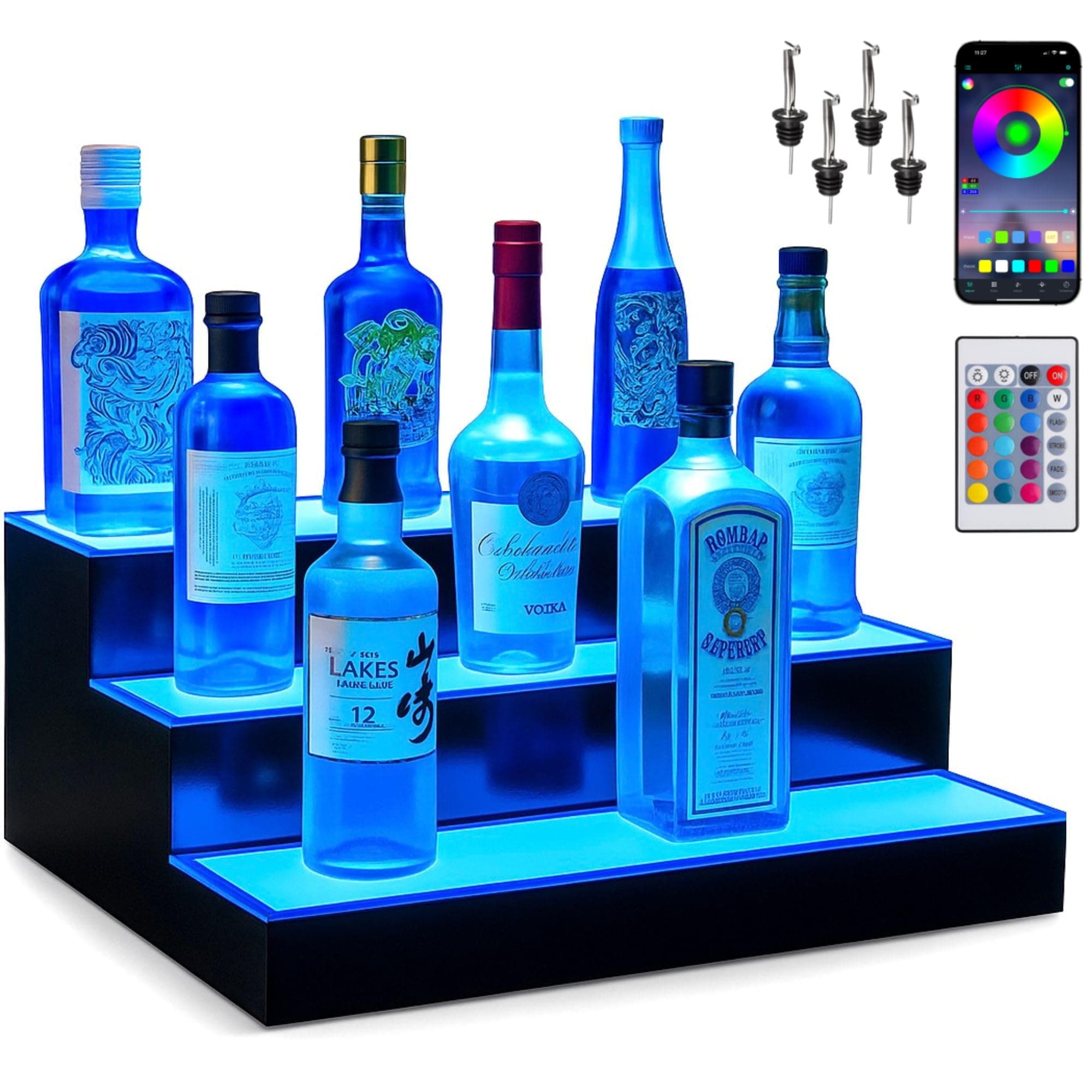 Boss Premium® BarUSA™ LED Lighted Bar Shelf Display Liquor Bottle Alcohol Whiskey Shelves Rack Stand Tray Units for Home Bar Living Room Accessories and Decor - Designed in USA (3-Step, 16 Inch)