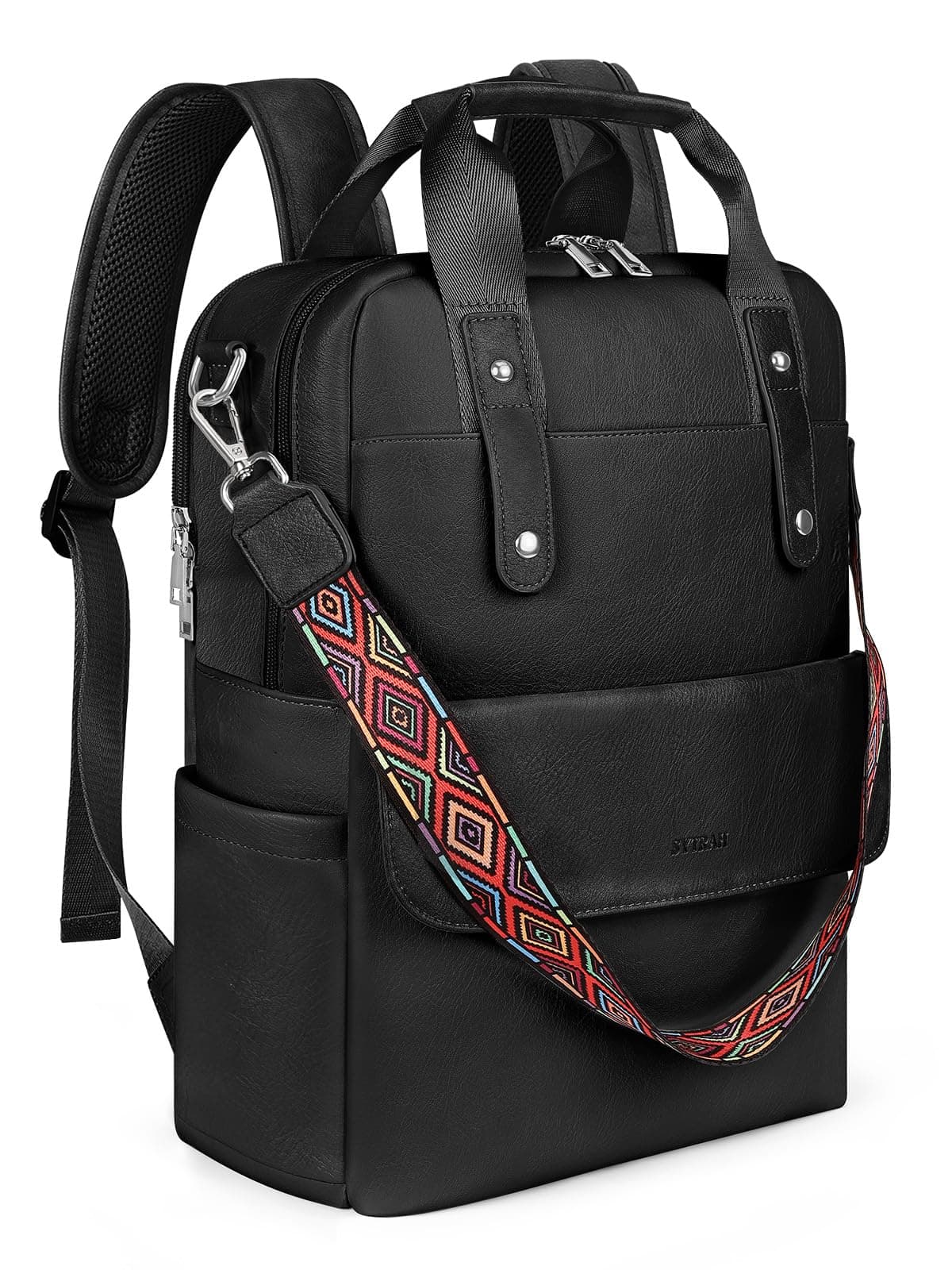 SYTRAH Leather Laptop Backpack 15.6 inch Womens Computer Bag Black