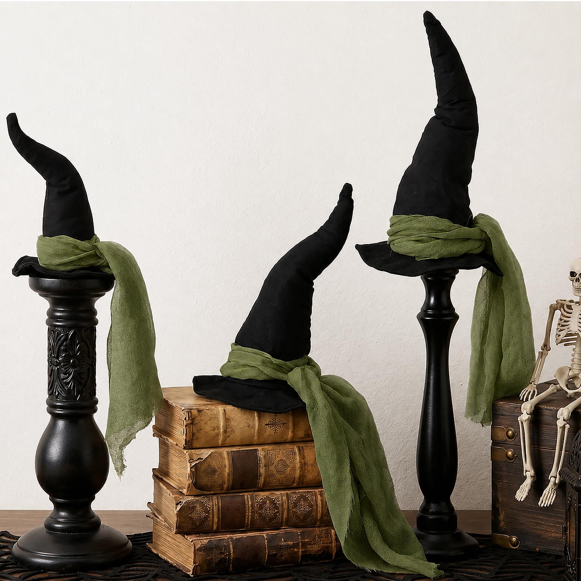 3 Pcs 3 Size Halloween Witch Hat Table Centerpieces with Green Gauze Ribbon