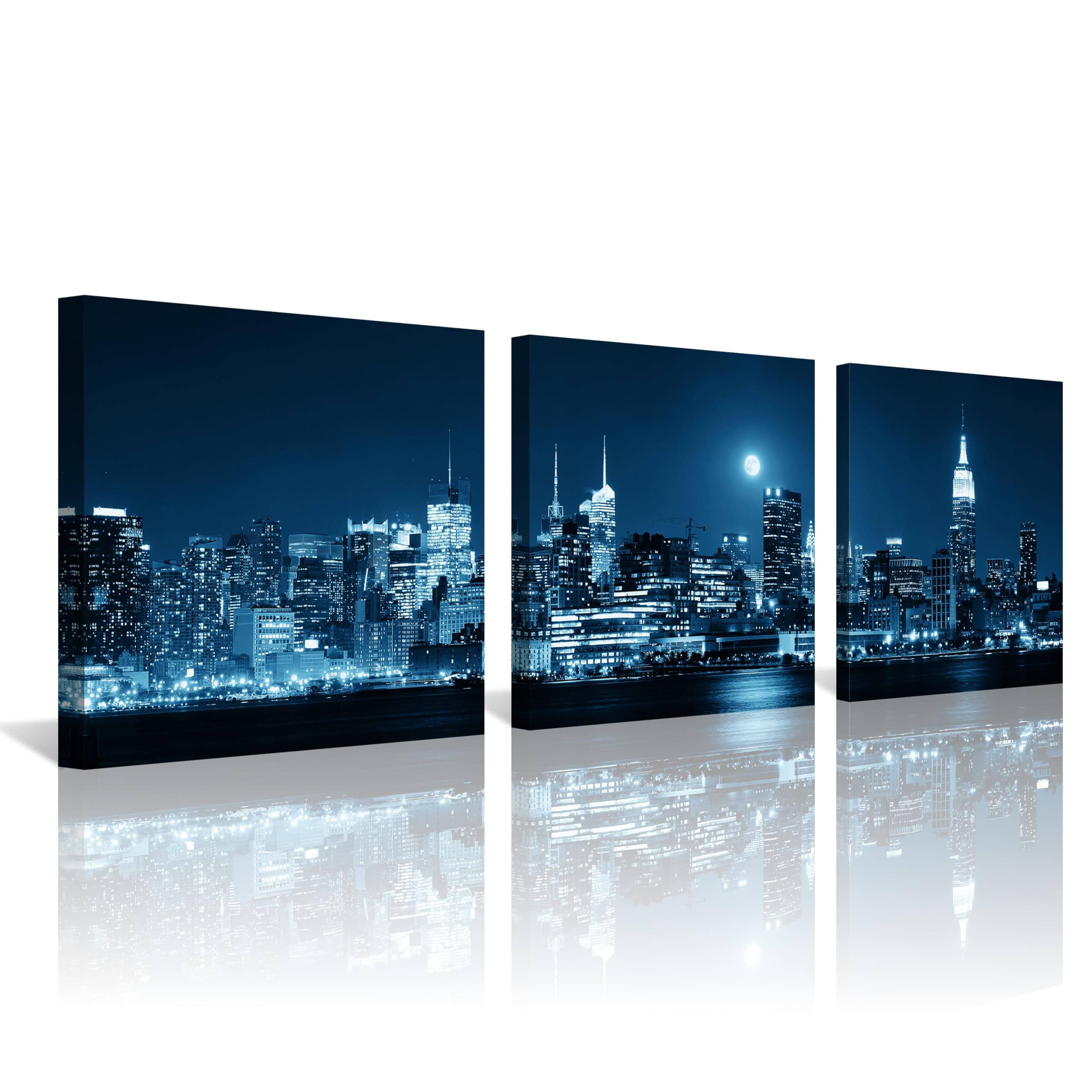 NAN Wind 3-Piece Modern Manhattan Night Skyline Canvas Art Blue Moon Urban Cityscape Wall Decor Contemporary NYC-Inspired Night View Panoramic Prints Framed City Canvas Set for Home Office Living Room
