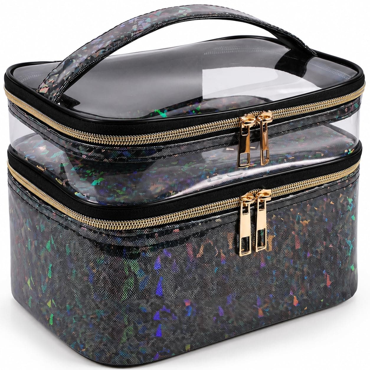 imerelez Double-layer Cosmetic Bag Makeup Bag Toiletry Bag Large Travel Makeup Pouch Organizer Bag for Girls Women, Portable Waterproof Foldable, 10-Black, 8.7" x 6.5" x 5.9", Double Layer