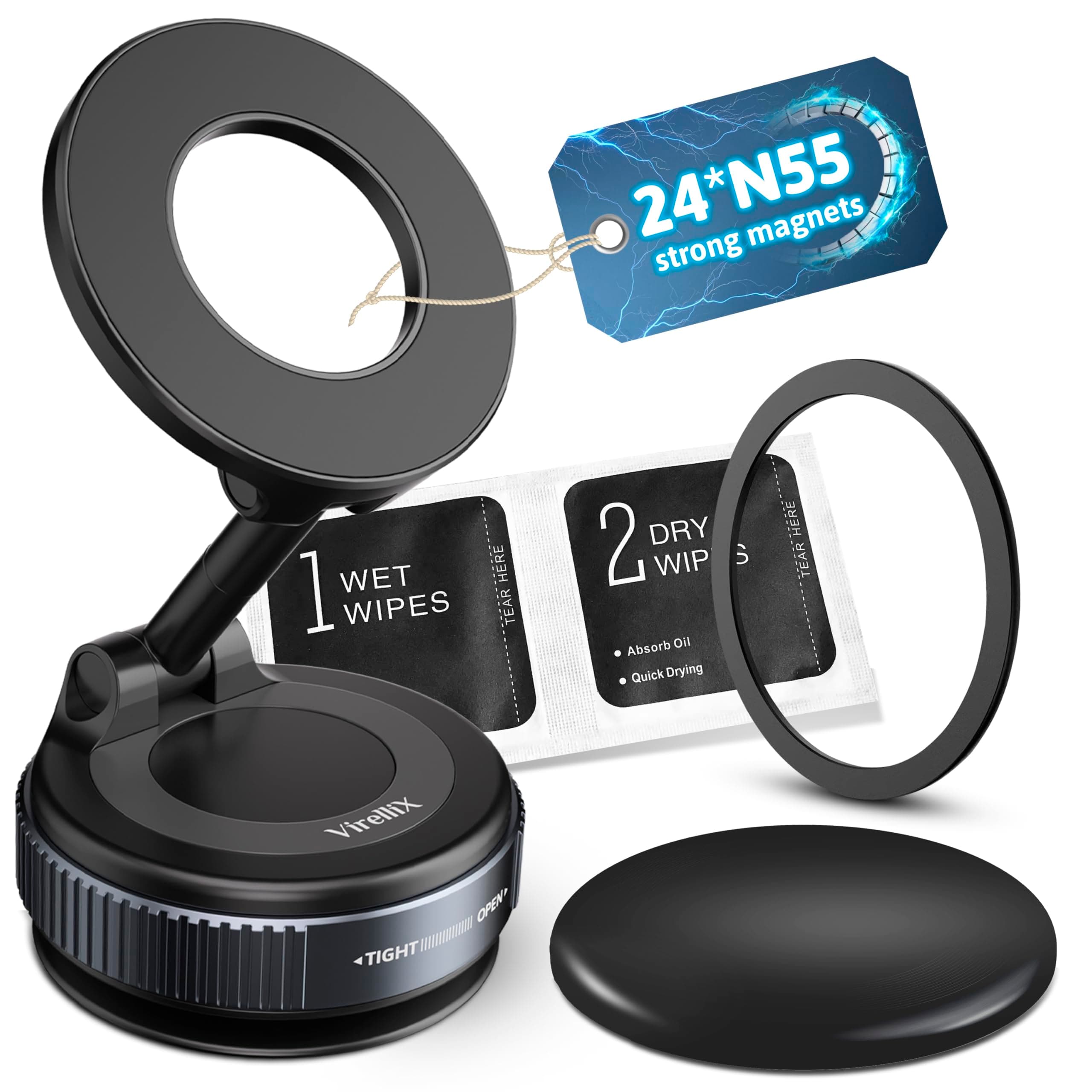 Virellix Magnetic Car Mount, Magnetic Phone Holders for Your Car, Car Phone Holder for Magsafe[24 * N55 Strong Magnets], Suction Cup Phone Mount Car/for iPhone 17 Pro Max(Black)