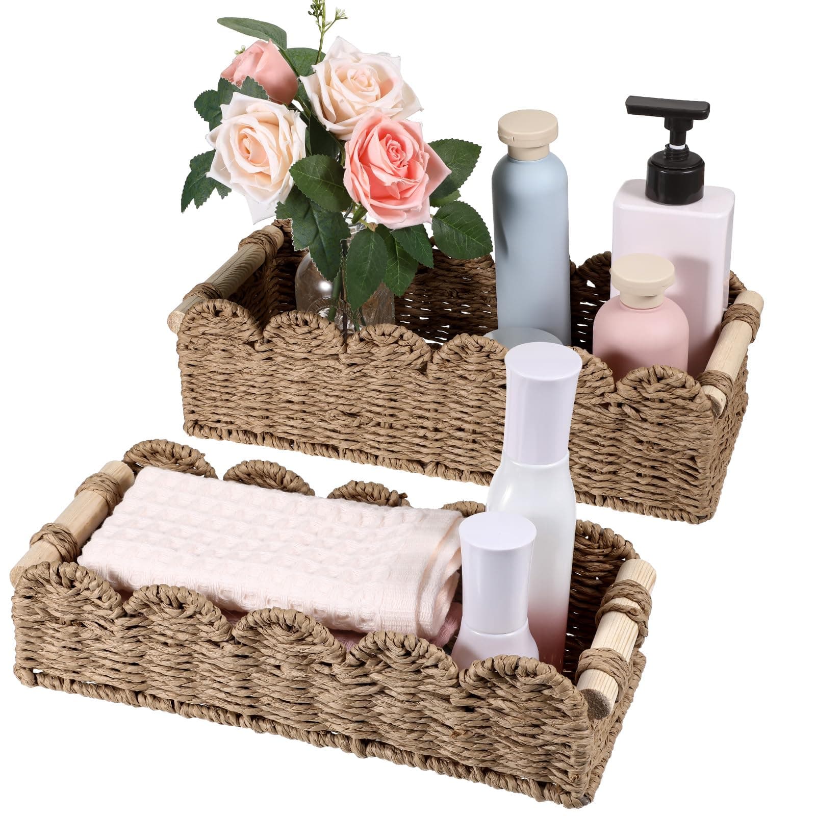 2Pcs Paper Rope Scalloped Edge Decor Baskets Natural Paper Rope Storage Baskets with Handles Scalloped Wicker Basket Handwoven Organizer Bin for Home Toilet End Table Shelves Storage Decor