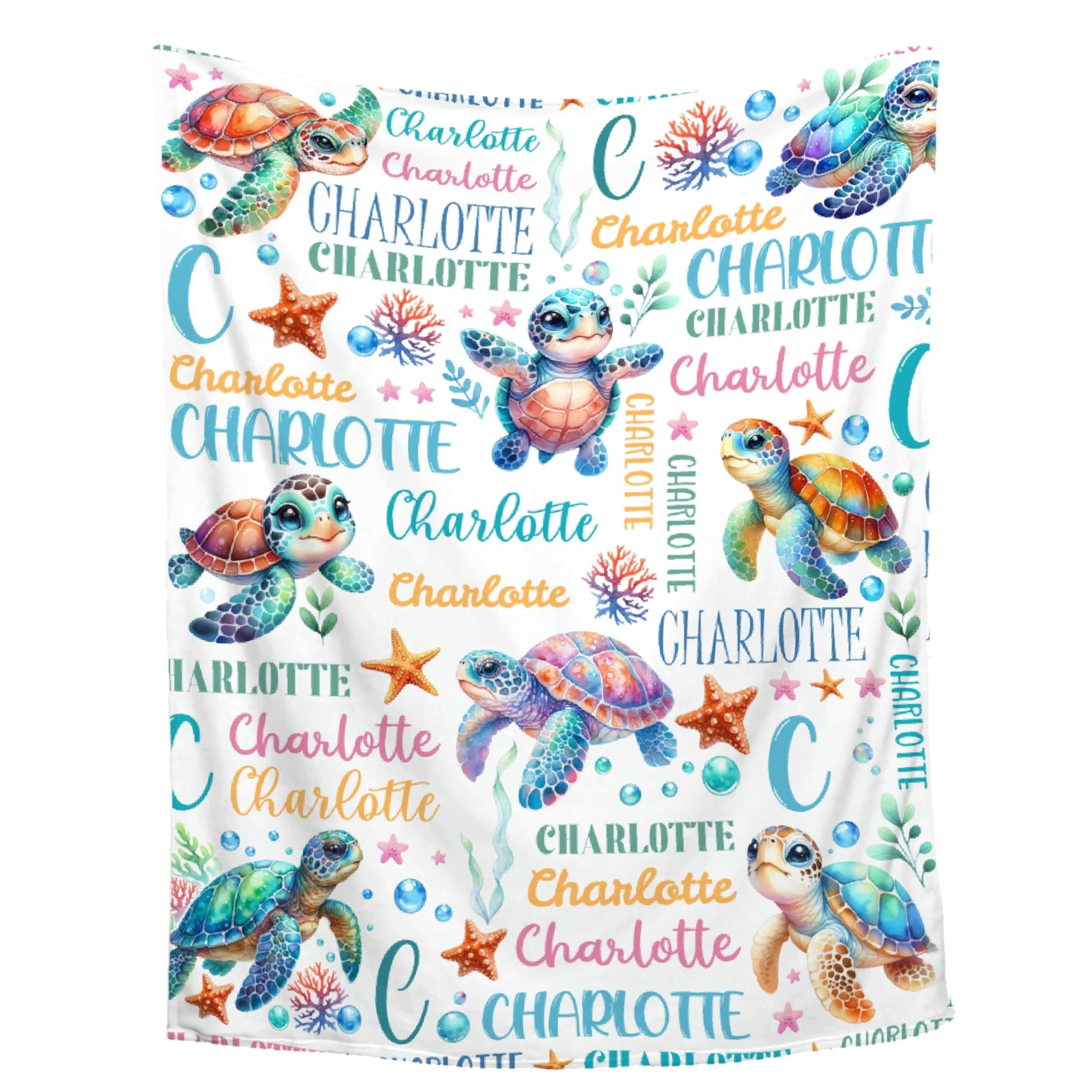 Thuswarm Personalized Baby Blanket for Girls Boys Kids Sea ​​Turtle Custom Baby Blanket with Name Throw Birthday Gift for Toddlers Infants Shower Newborns Nursery Stroller Crib Bed Decor