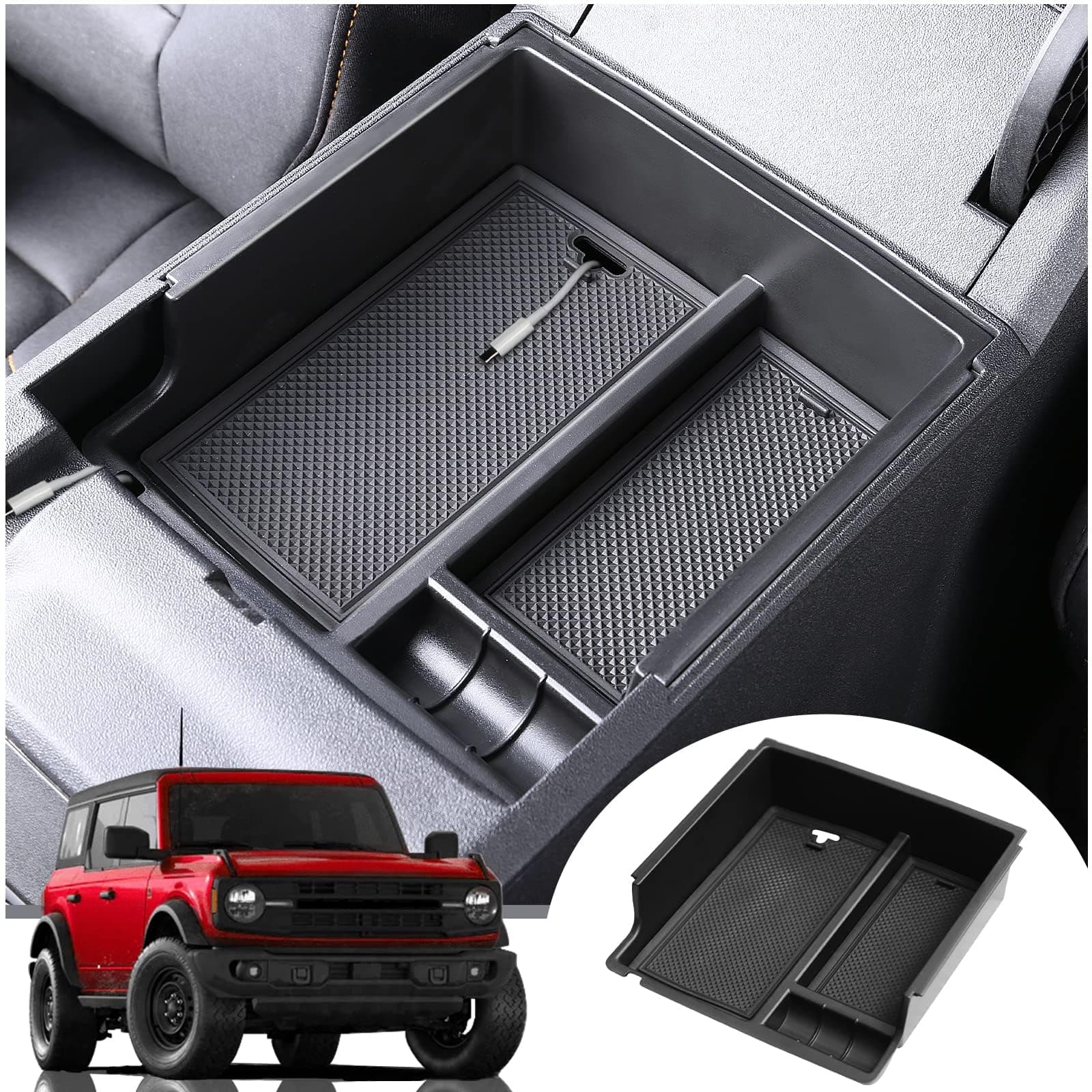 Mabett Center Console Organizer Compatible with Ford Bronco 2021 2022 2023 2024, Armrest Storage Box fit Bronco Accessories 2/4-Door, Insert Upper Tray Black(Not Fits 2025 Verison)