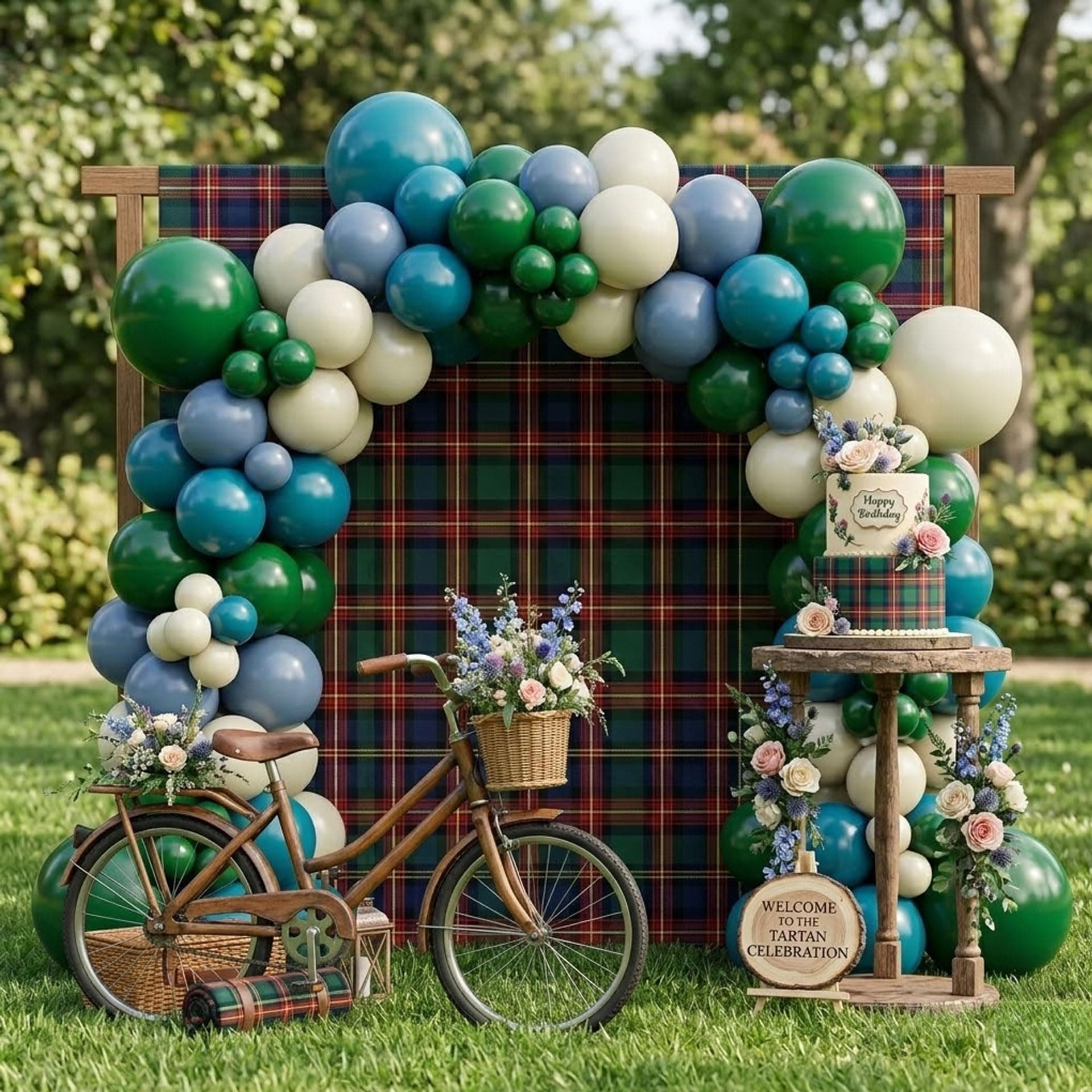 Tartan Plaid Balloon Arch Kit, Ivory White Dusty Blue Lake Blue Dark Green Balloon Garland with Strip, Glue Dots and Ribbon, for Baby Shower Birthday Plaid Party Decoration