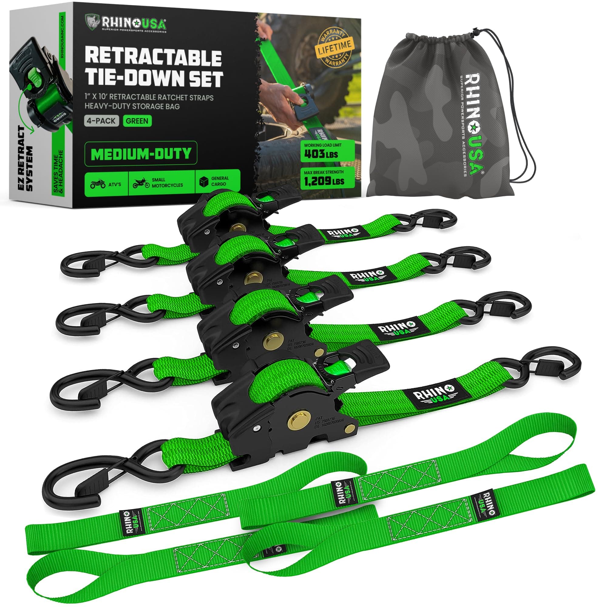 Rhino USA Retractable Ratchet Straps (4-Pack) - 1in x 10ft, Green