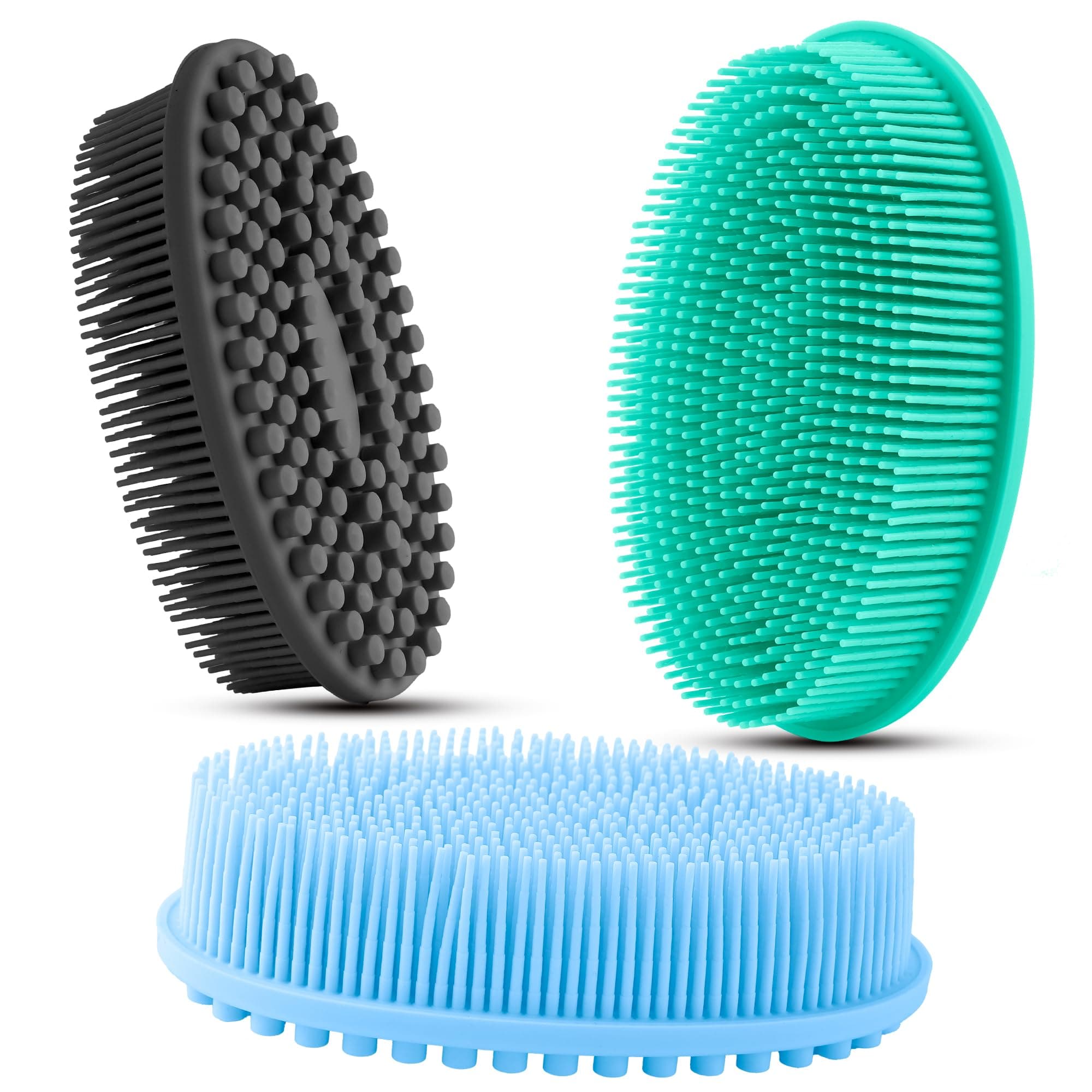 3 Pack Silicone Body Scrubber, Soft Silicone Loofah Exfoliating Body Scrubber, Silicone Body Brush Bath Shower Scrubber for Body, 2 in 1 Bath and Shampoo Wash Brush for Skin Exfoliation Men Women Kid