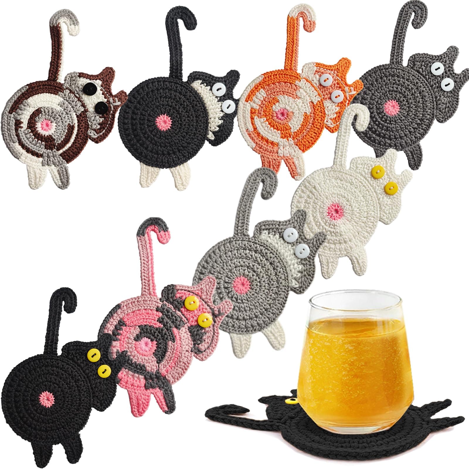 Cute Cat Cup Coasters - Woven Knitted Coasters, Funny Cat Drink Insulation (8PCS)