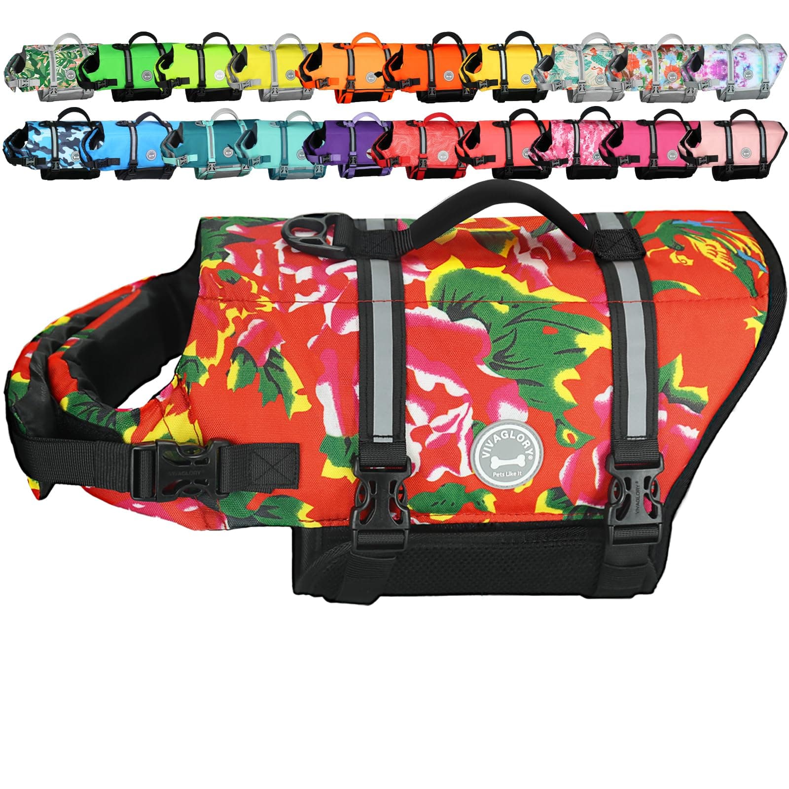 VIVAGLORY Dog Life Jacket Rip Stop Dog Life Vest, M, Floral Red