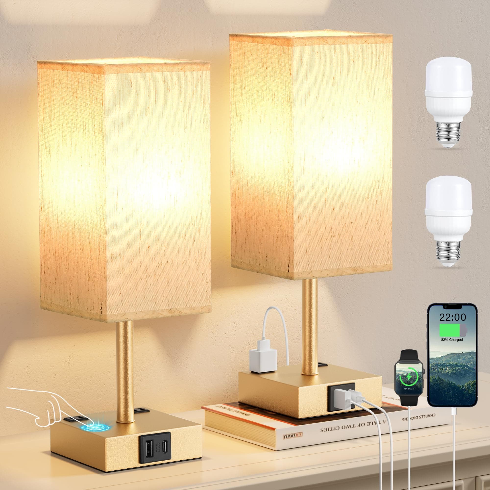Fenmzee Bedside Lamps Set of 2 - Touch Lamp with 3 Way Dimmable（Golden）