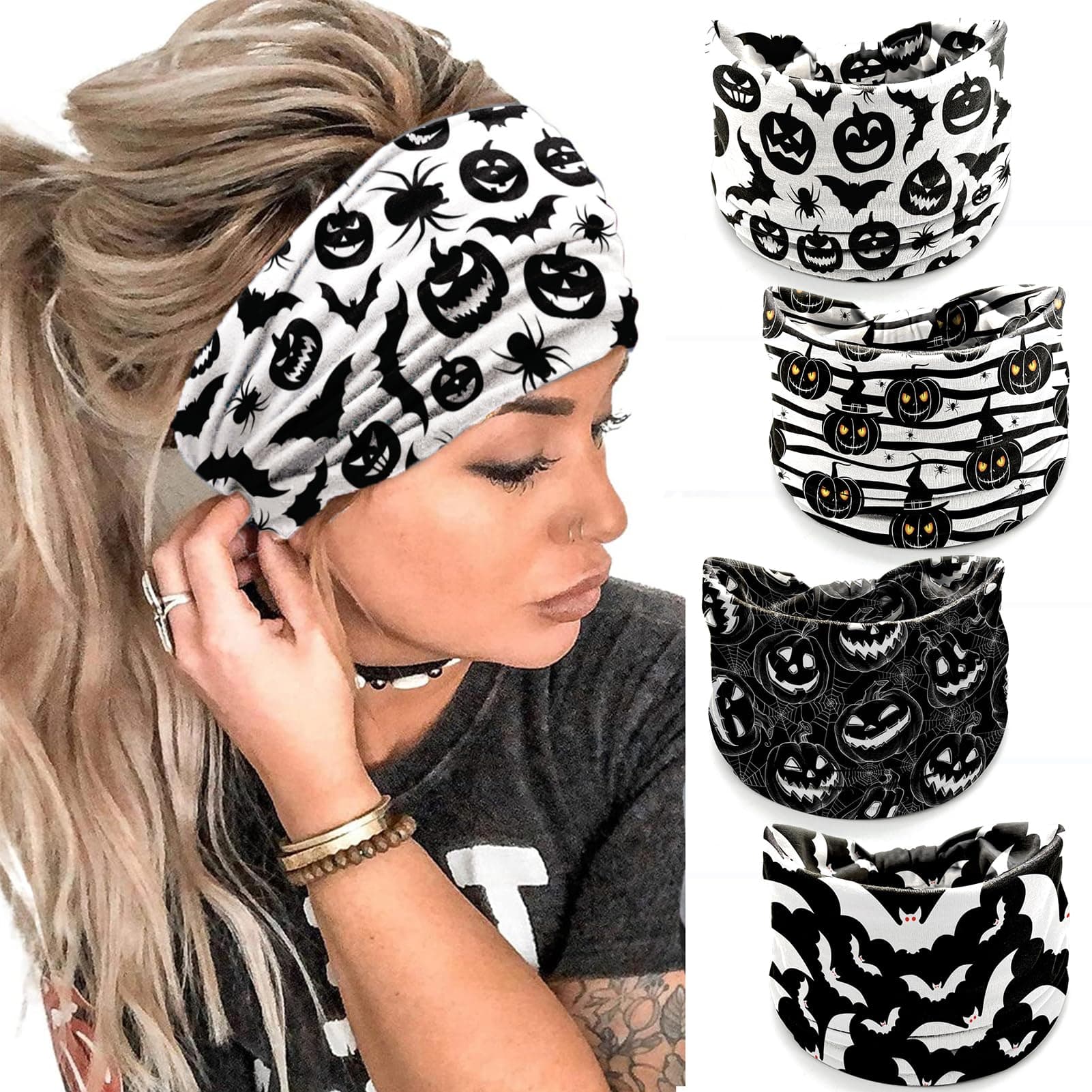 IDDFEVE 4Pcs Halloween Headbands for Women, Pumpkin Wide Holiday HairBand, Bat Spider Web Hair Accessory (Black)
