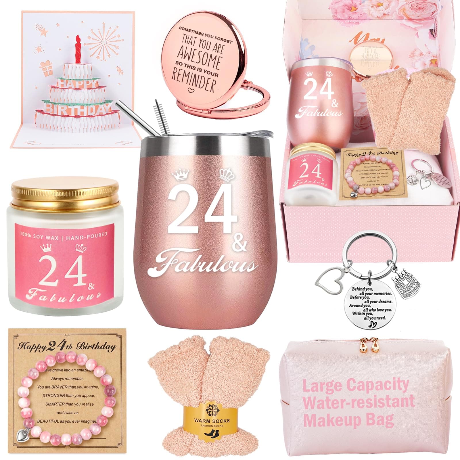 24th Birthday Gifts for Girls, 24 Year Old Girl Birthday Gifts, Happy 24th Birthday Basket Gifts Box for Best Friends Female Daughter Sister Her Girlfriend Coworker Bestie Women Birthday Unique