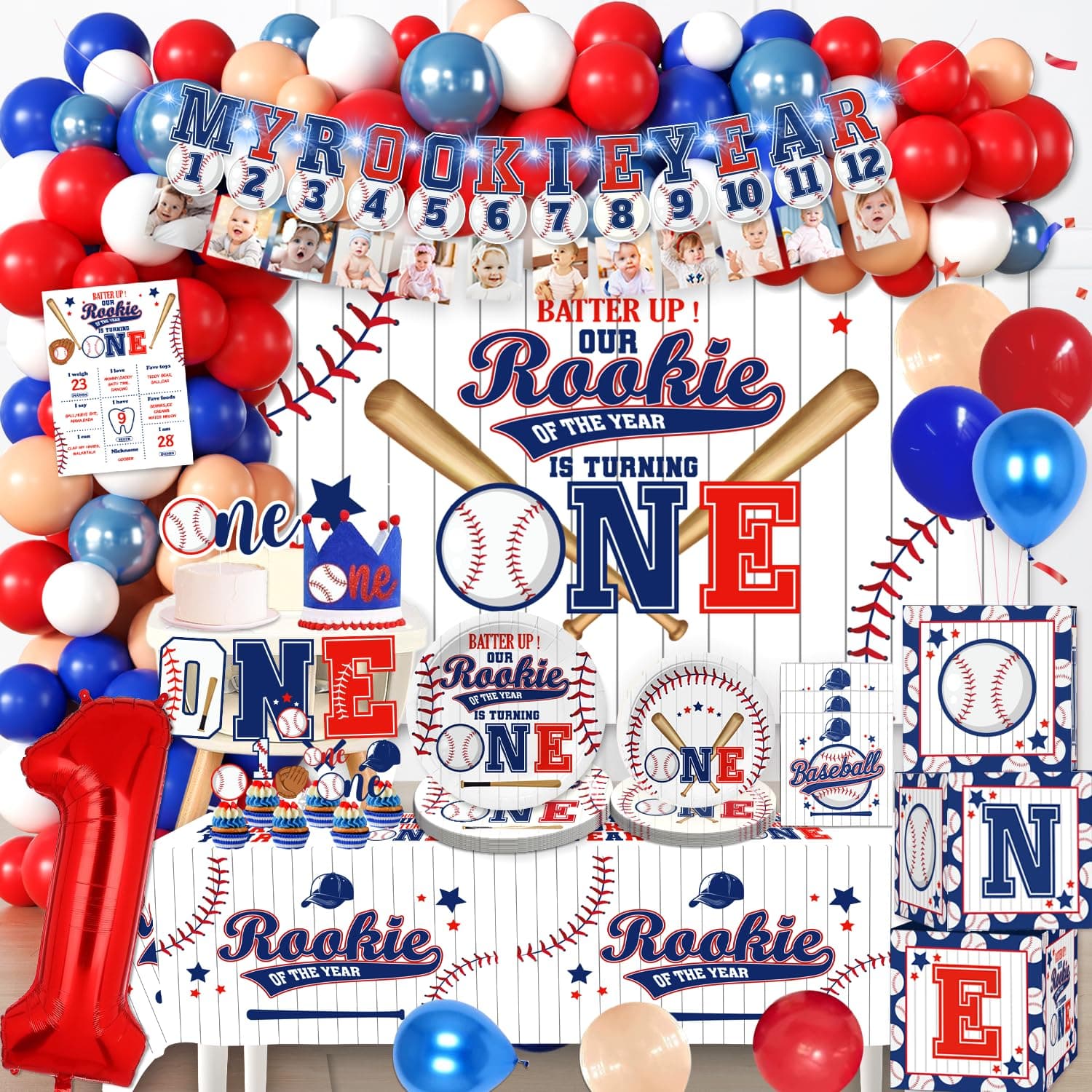 cocomigo Rookie Year 1st Birthday Decorations, All-in-One Set for 24 Guests