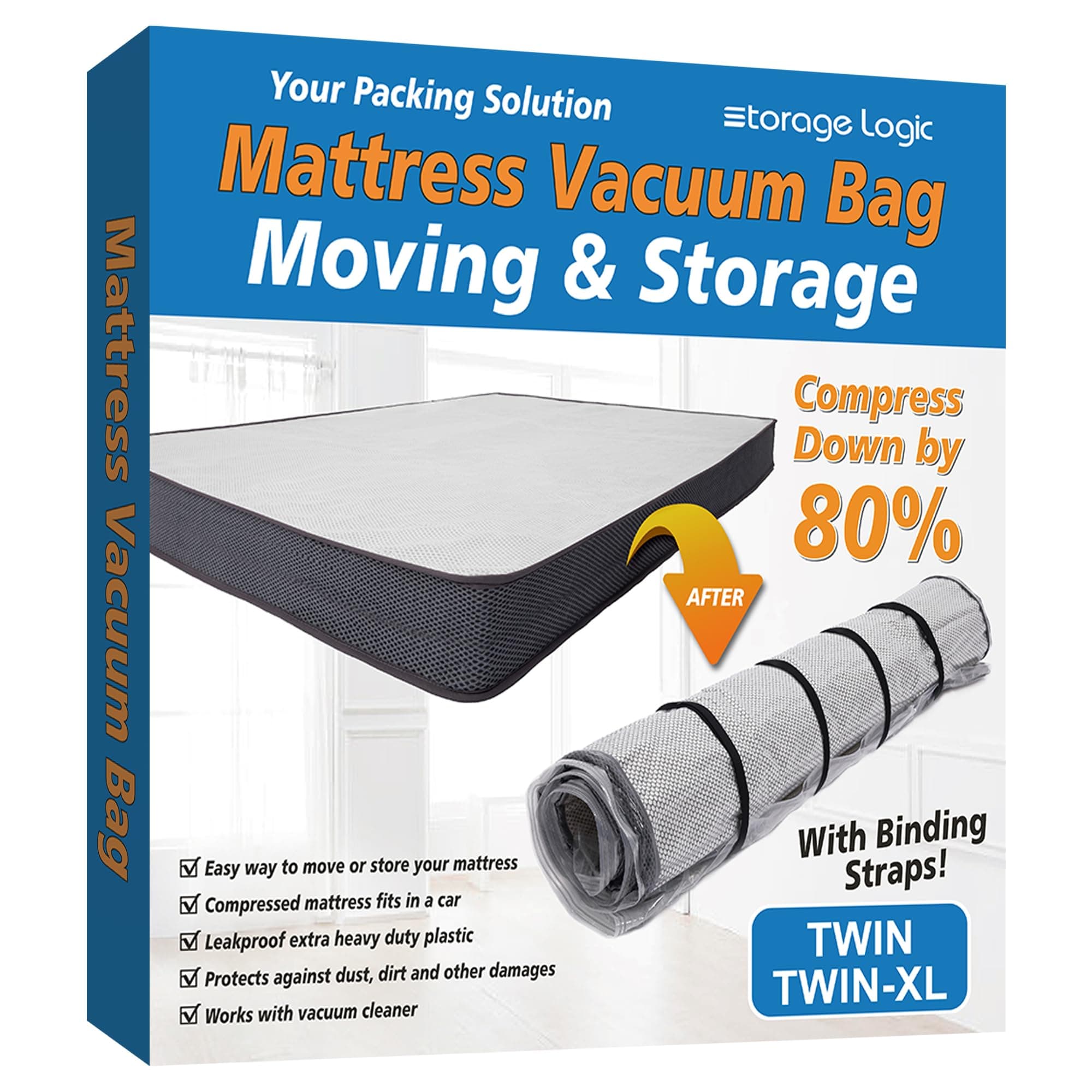 Storage Logic Foam Mattress Vacuum Bag with 4 Adjustable Packing Straps for Moving, Storage, Shipping, Vacuum Seal Mattress Bag with Packaging Straps (Twin/Twin XL)