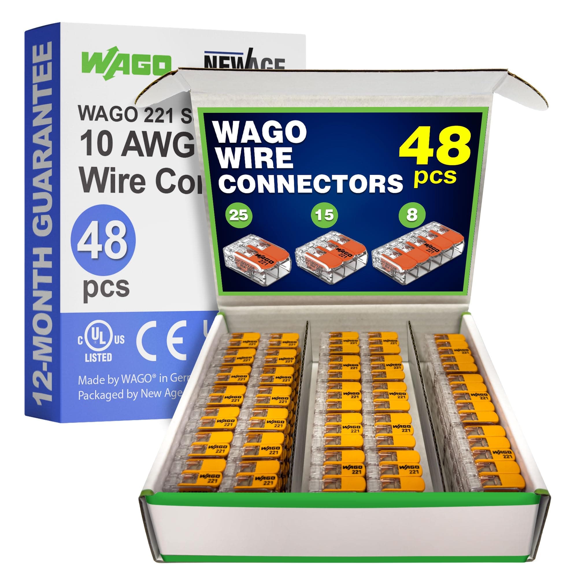 WAGO 221 Series 48pc 10 AWG Compact Splicing Wire Connectors | Includes (25x 221-612), (15x 221-613), (8X 221-615) | WAGO Wire Connectors | 221 Series 10 AWG Lever Nuts | (2-Port) (3-Port) (5-Port)