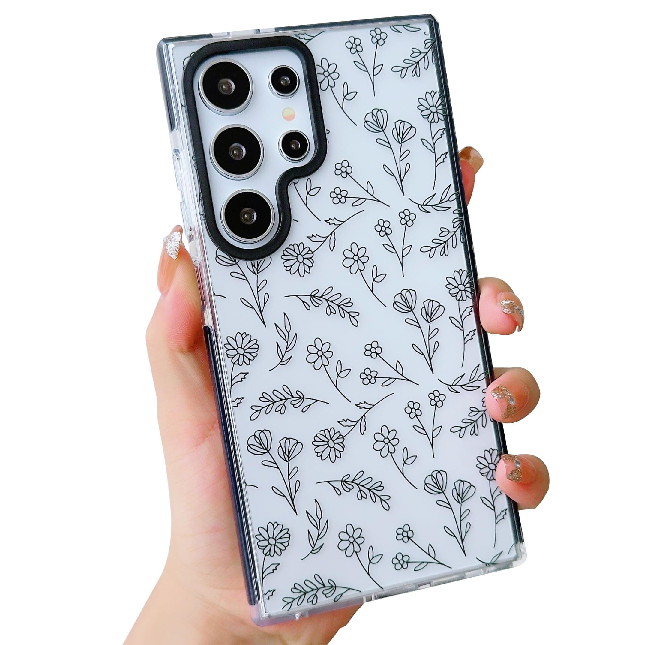 YKCZL Compatible for Samsung Galaxy S24 Ultra 5G Phone Case,Cute Simple Flower Transparent Protection Case for Women Girls-Black and White