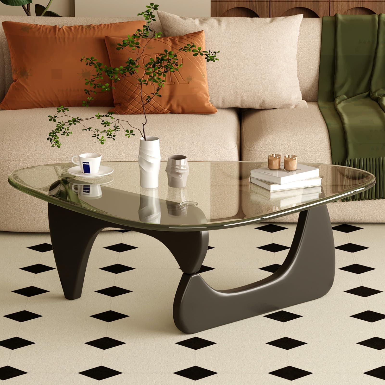 JCAJCA Coffee Table for Living Room Mid Century Modern Center Table with Glass Top and Wood, 36 Inch, Transparent/Black