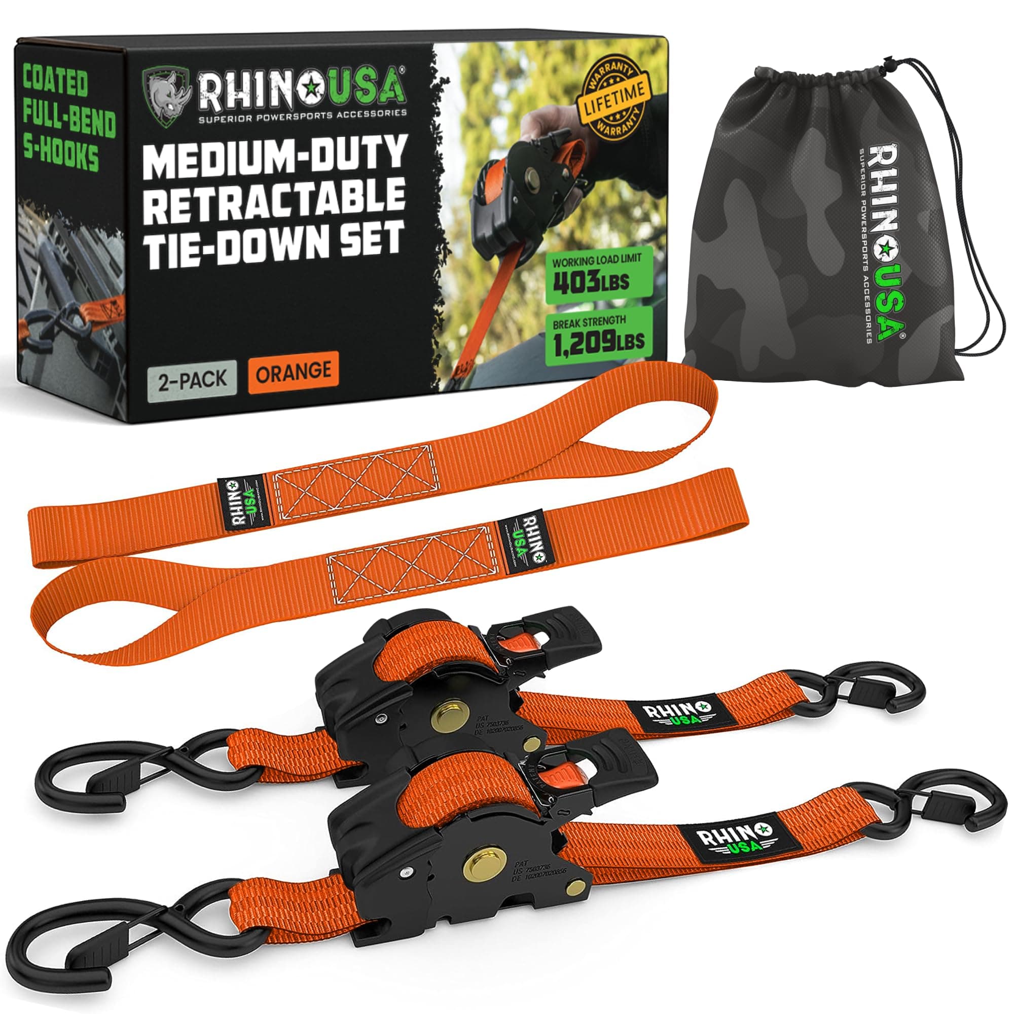 Rhino USA Retractable Ratchet Straps (2-Pack) - 1in x 10ft, 1,209lb, Orange