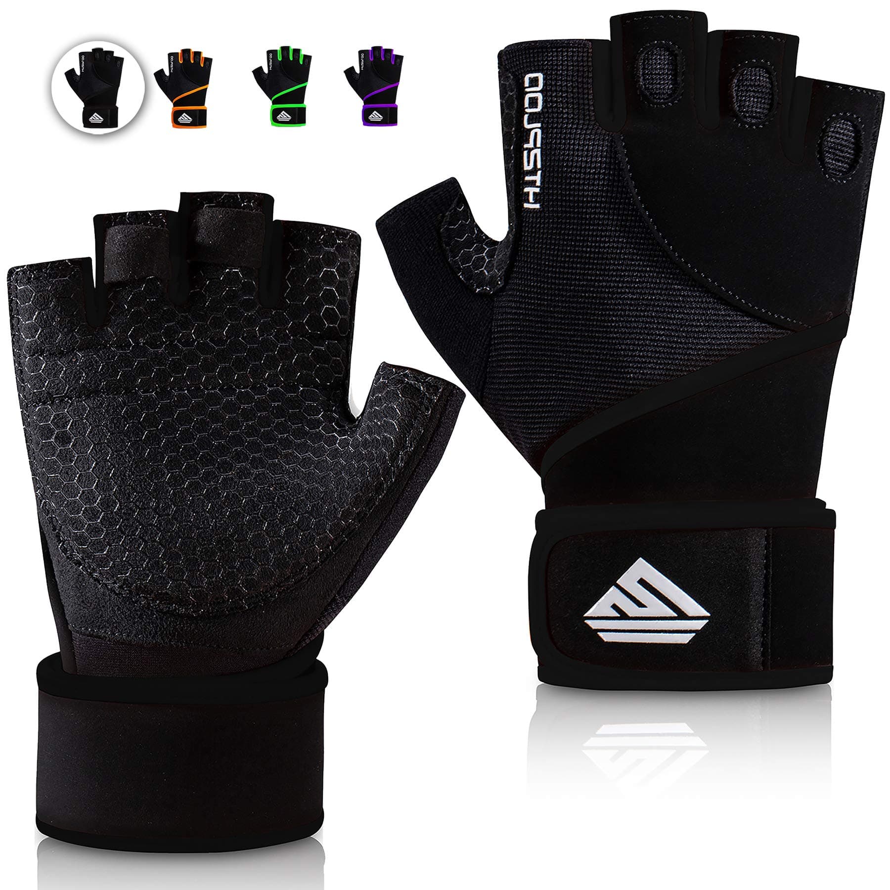 HTZPLOO Workout Gloves Gym Gloves Weight Lifting Gloves for Men with Full Palm Pad,Strong Wrist Wraps Support,Enhanced Grip,for Fitness,Training,Weightlifting,Exercise (Black, Medium)