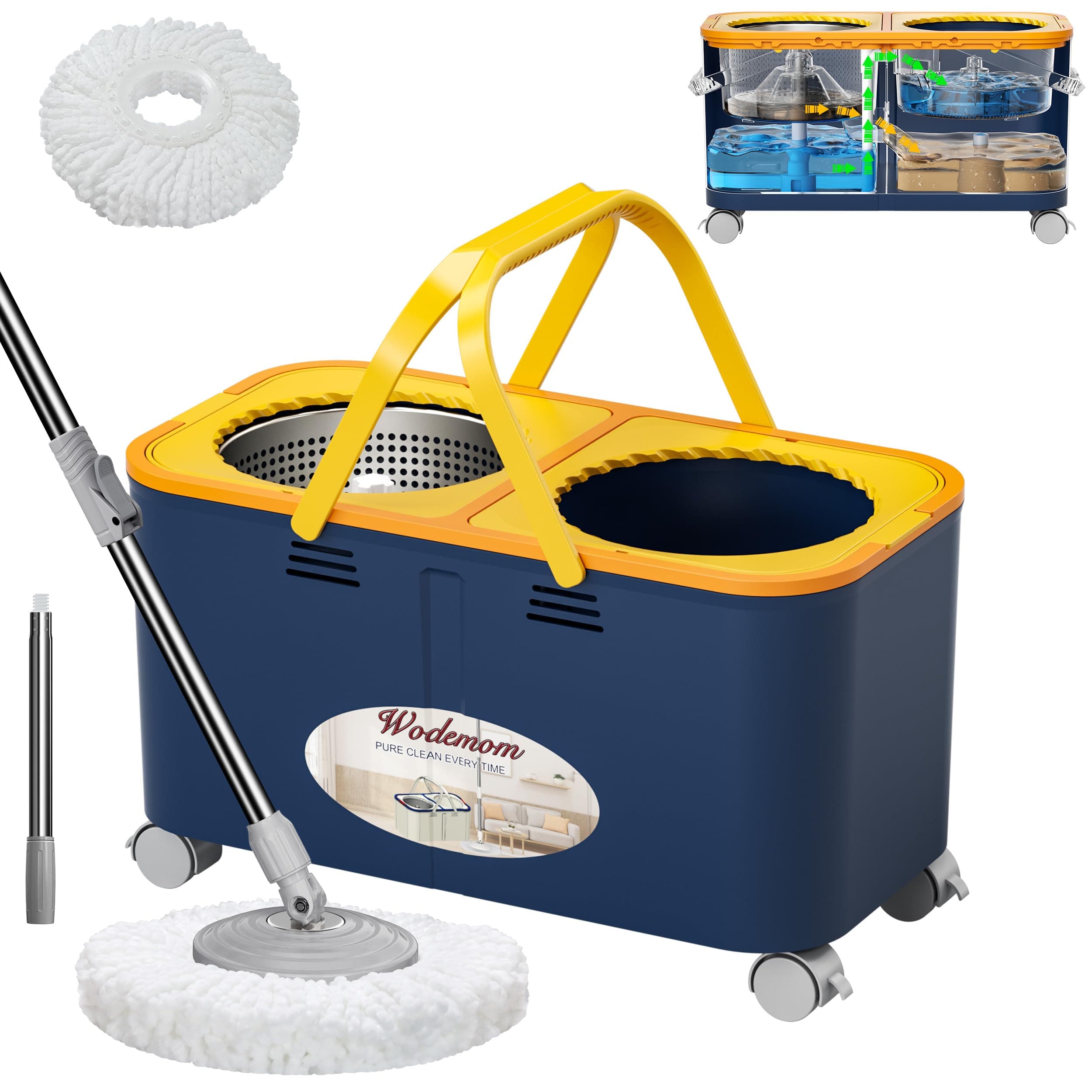 Wodemom Mop and Bucket with Wringer Set for Home, Spin Mop and Bucket Separate Clean and Dirty Water, Mops for Floor Cleaning with 360°Swivel Wheels & 1 Reusable Microfiber Mop Heads- Blue/Yellow