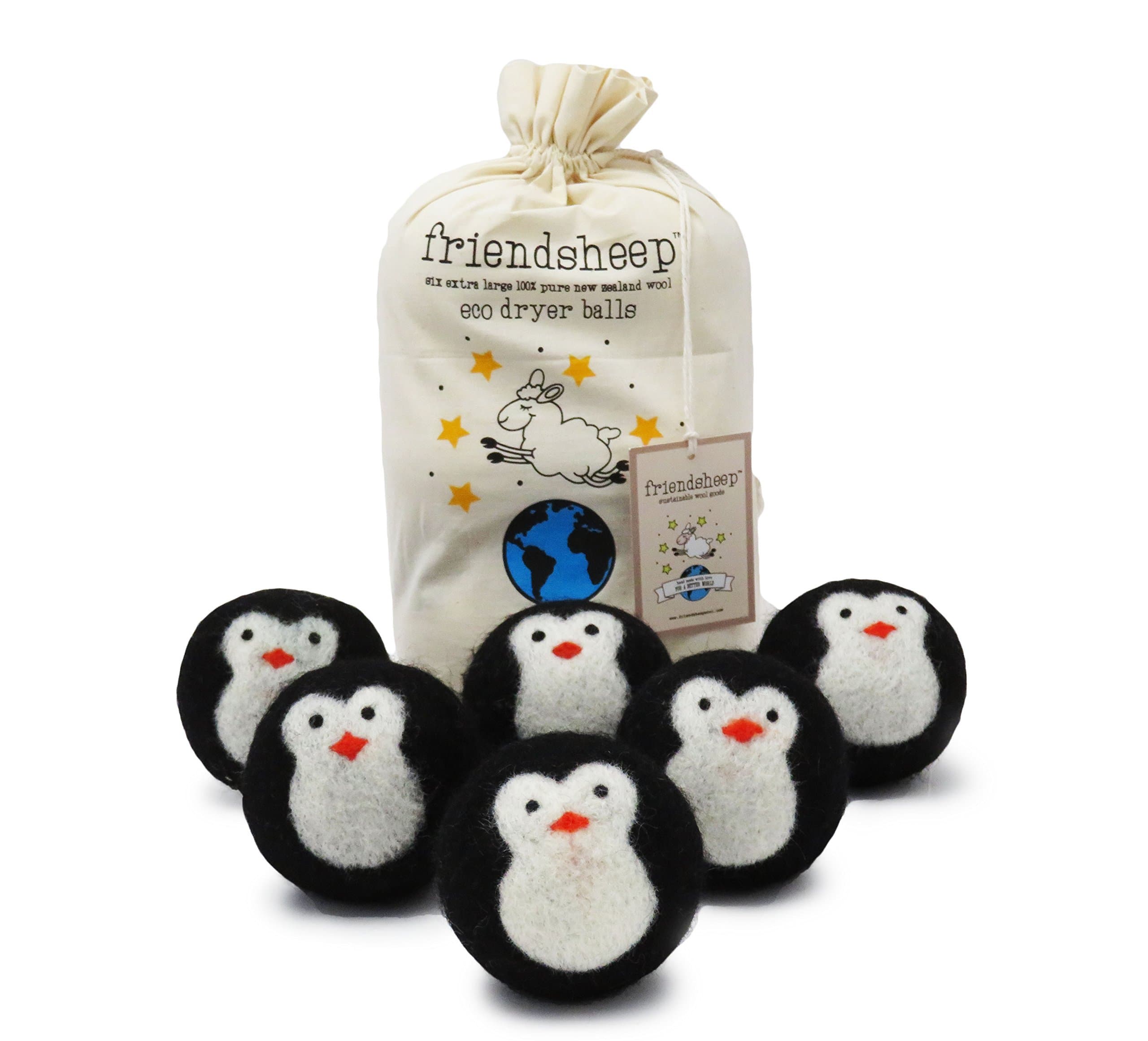 Friendsheep Wool Dryer Balls, Organic Reusable Fabric Softener Alternative for Laundry, Handmade, Fair Trade, Hypoallergenic, Eco-Friendly, Plastic-Free (6 Pack XL – Black Penguin)
