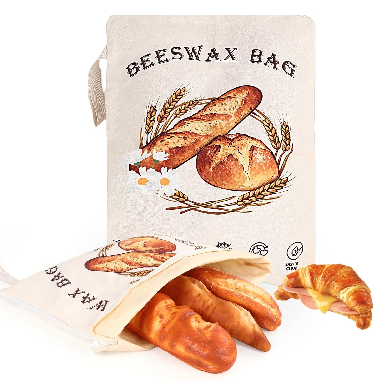 Nedsewor 2 Pack Beeswax Bread Bags for Sourdough with L - Shaped Zipper Designed, Large Reusable Sourdough & Homemade Bread Bags - Easier to Use and Clean | Keep Food Freshness Longer