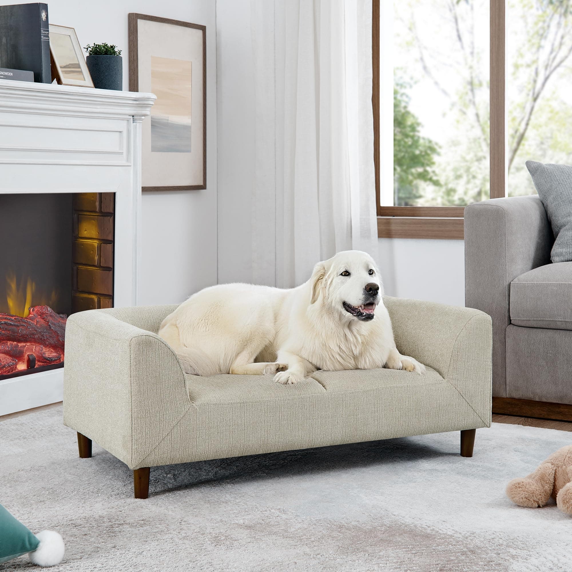 VYNELITO Dog Sofa Couch for Medium Dogs, Memory Foam Dog Sofa Bed, Modern Elevated Pet Couch Bed with Wooden Legs for Medium Dogs, Dark Beige