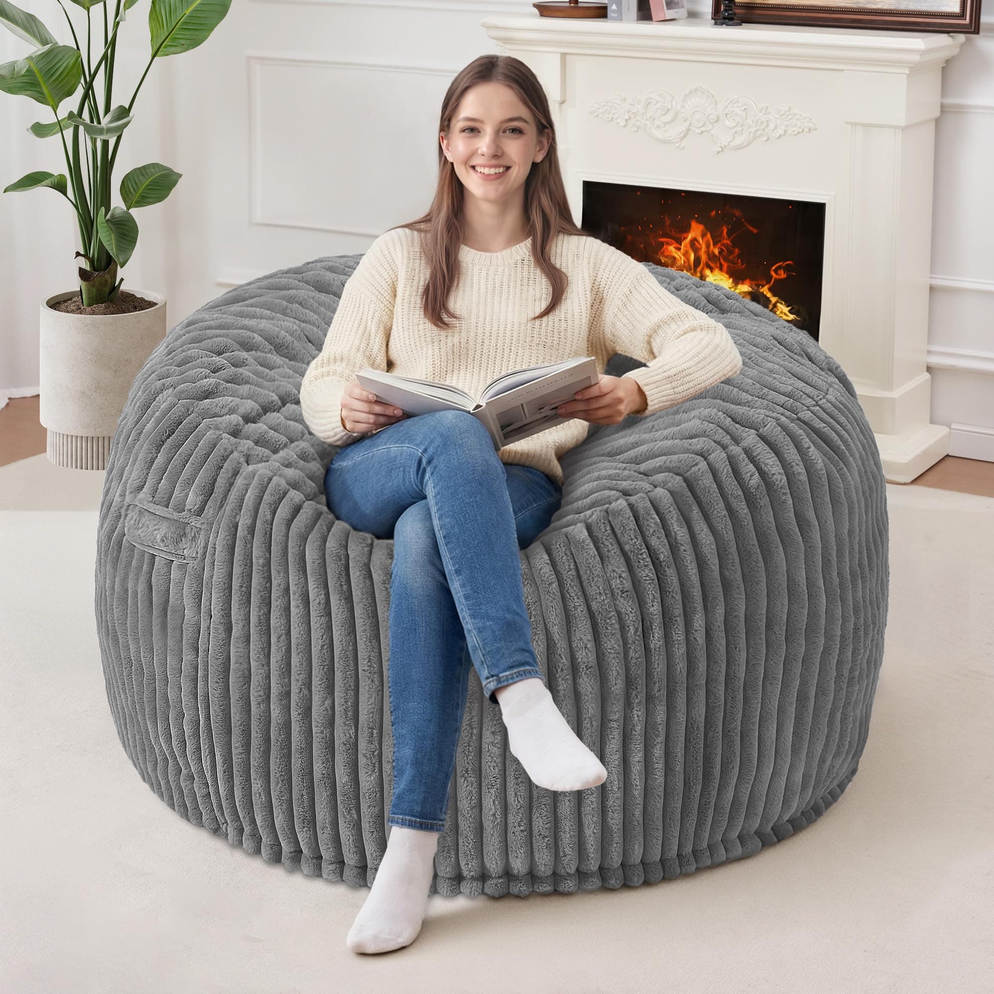 Homguava 3FT Bean Bag Chair,Small Bean Bags with Memory Foam Filled,Grey