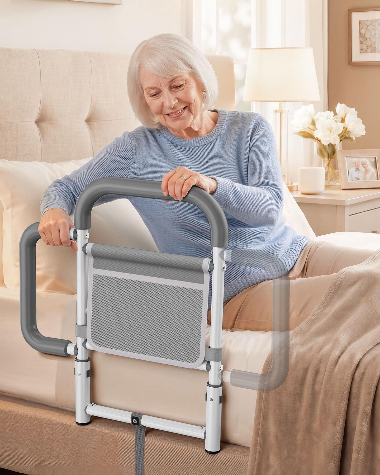ONTHEWEI Bed Rails for Elderly Adults Safety, with Double Non-Slip Handle & Storage Pouch, Fits Most Bed Sizes, Bed Assist Rails for Seniors and Post-Surgery,Reduce Falls & Support Independence