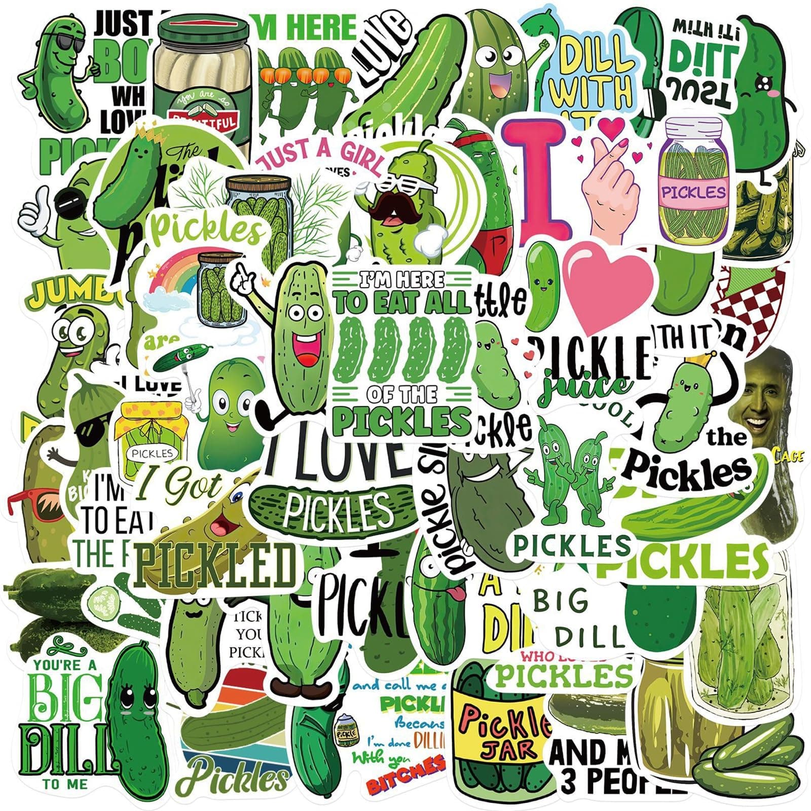 Funny Pickle Stickers Cartoon Aesthetics Stickers Pack 50PCS, Asverbet Vinyl Waterproof Decals Cute Stickers for Water Bottles Laptop Phone Luggage Guiter Adults Stickers
