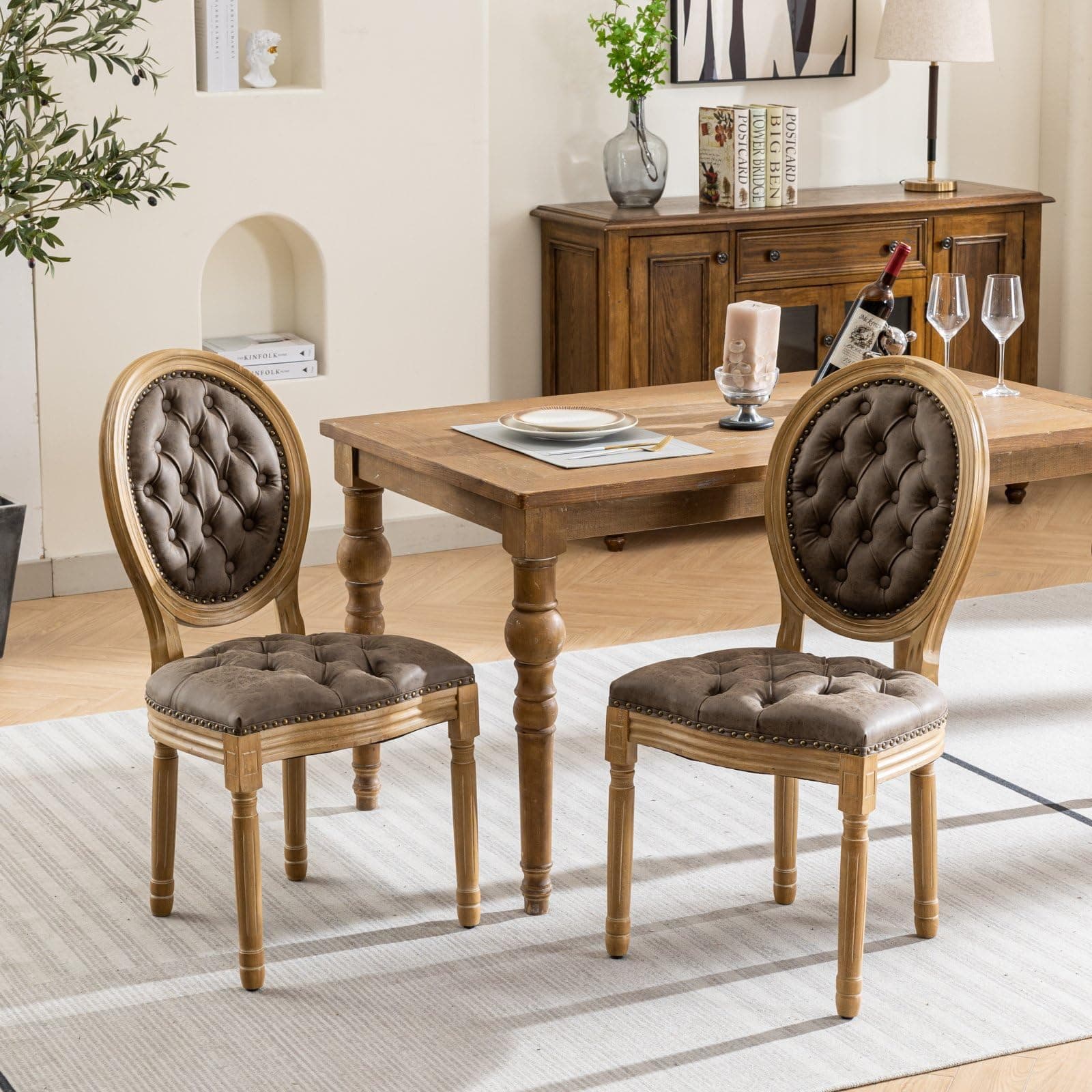 Ball & Cast French Vintage Upholstered Dining Chairs Set of 2, Button Tufted Kitchen Side-Chairs with Carved Antique Wood Frame & Nailhead Trims, PU-Leather Curved Backrest Louis Chair, PU Brown