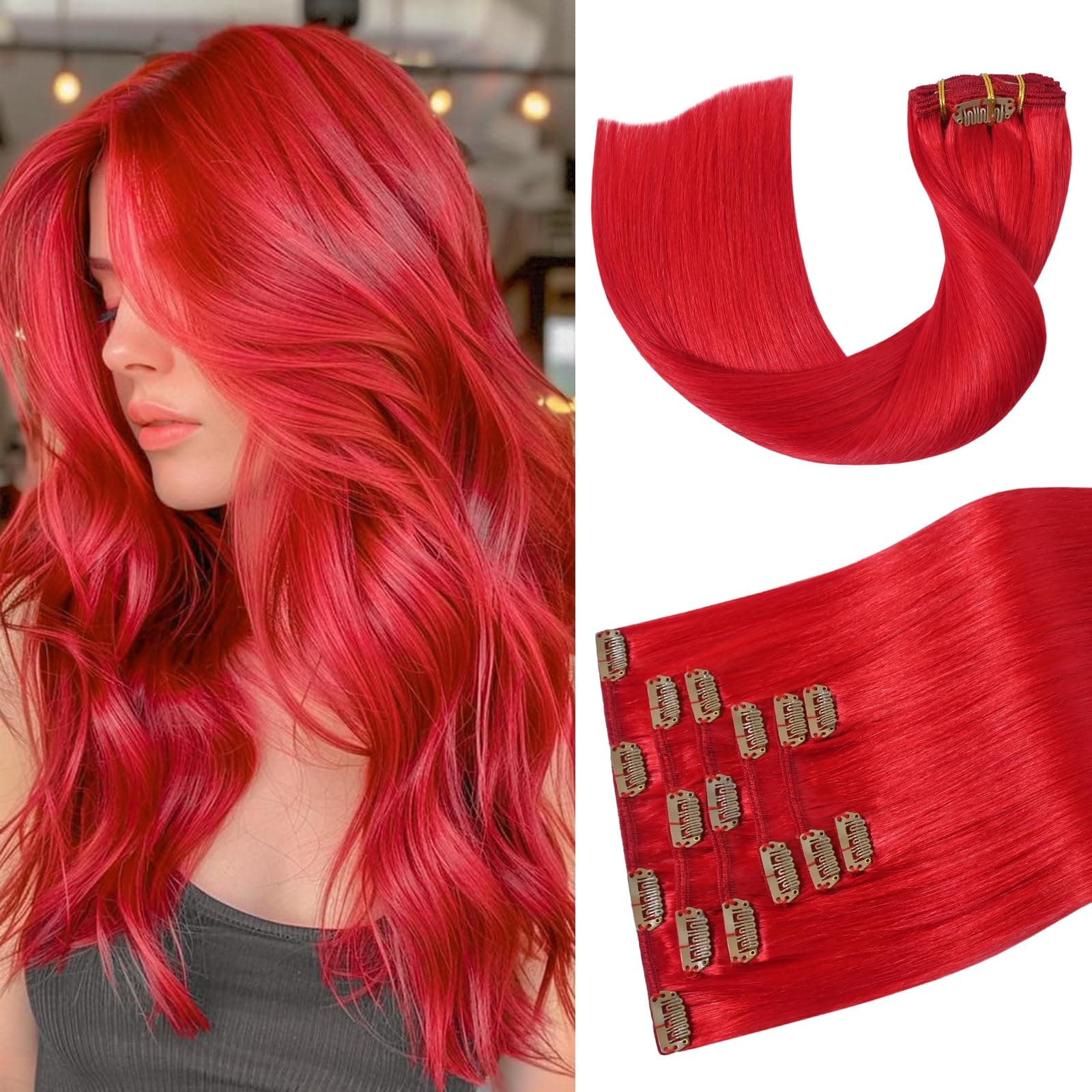 Ukira Red Hair Extensions for Women Real Human Hair, 15 Inch 75g 7pcs Clip in Hair Extensions Human Hair, Natural Straight Remy Human Hair Clip in Extensions Rallonge Cheveux Humain