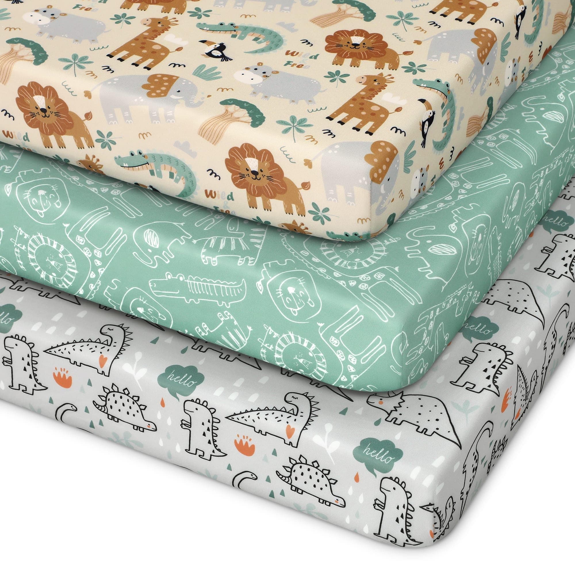 Unnivoll Pack and Play Sheets Fitted 3 Pack, Mini Crib Sheets for Pack N Play Mattress Stretchy Portable Playard Sheets, Soft Breathable Green & Apricot Lion
