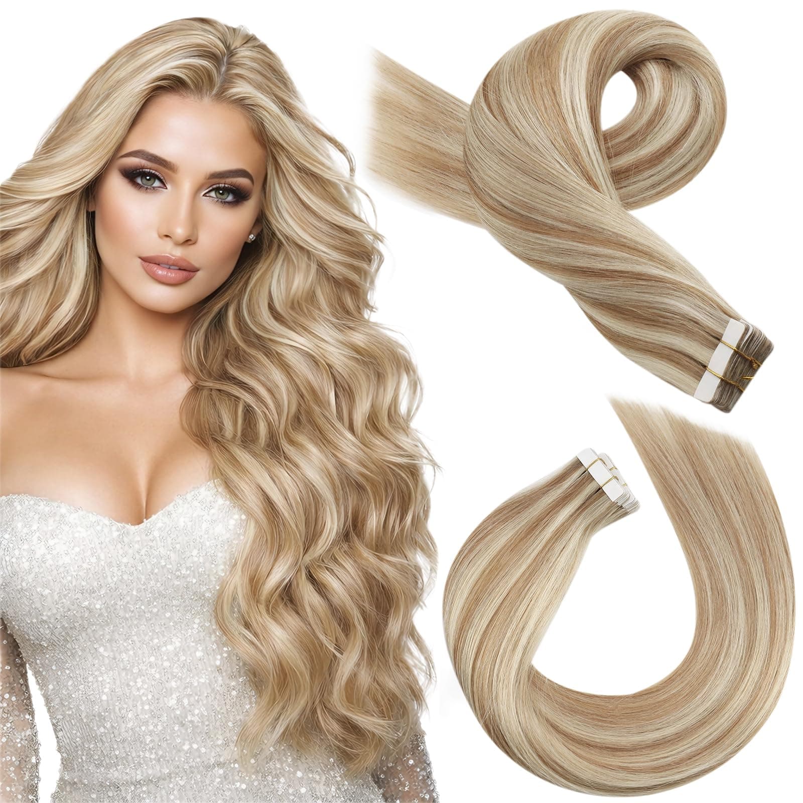 Moresoo Tape Extensions Highlighted 24inch Real Human Hair Brown Blonde Tape in Extensions Skin Weft Soft Hair Blonde Highlighted Extensions Straight Tape in Human Hair