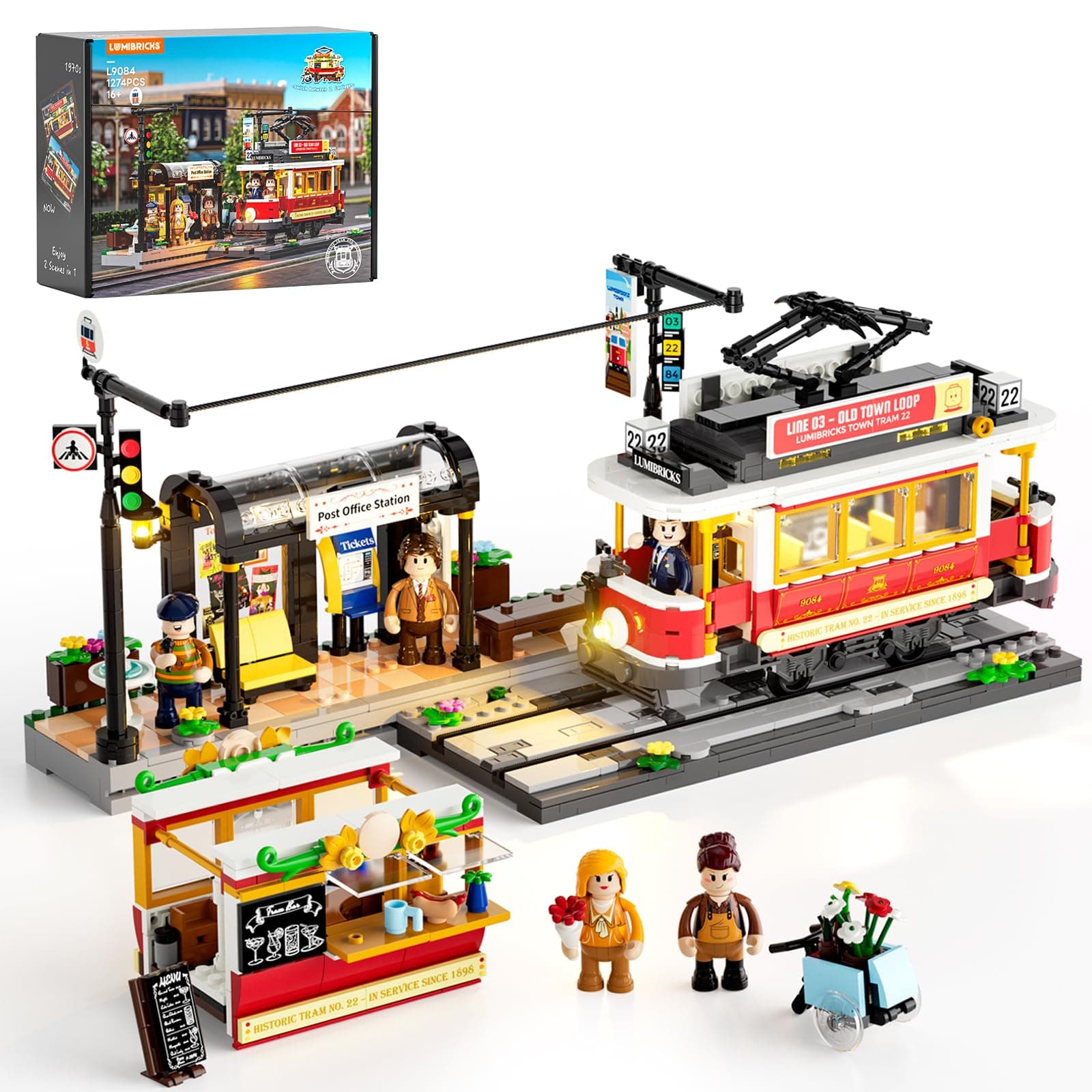 Lumibricks Heritage Tram and Station Lighting Building-Bricks Set - 1274 Pcs City Streetcar Modular Collection Old Town Downtown Display Model for Adults & Teens & Tram Enthusiasts