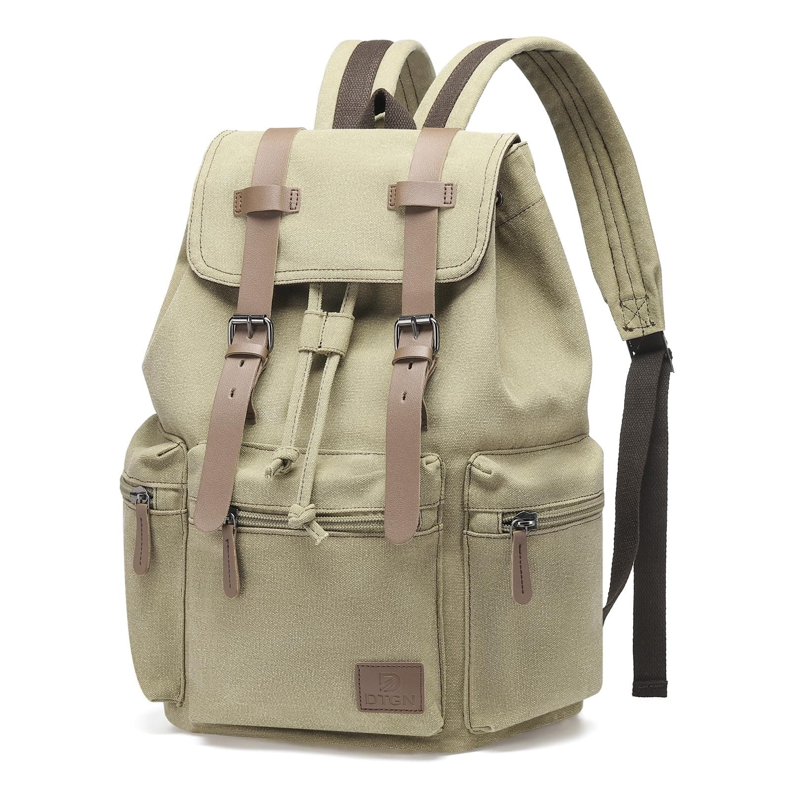 DTGN 25L Vintage Canvas Backpack for Men and Women Leather Accent Khaki