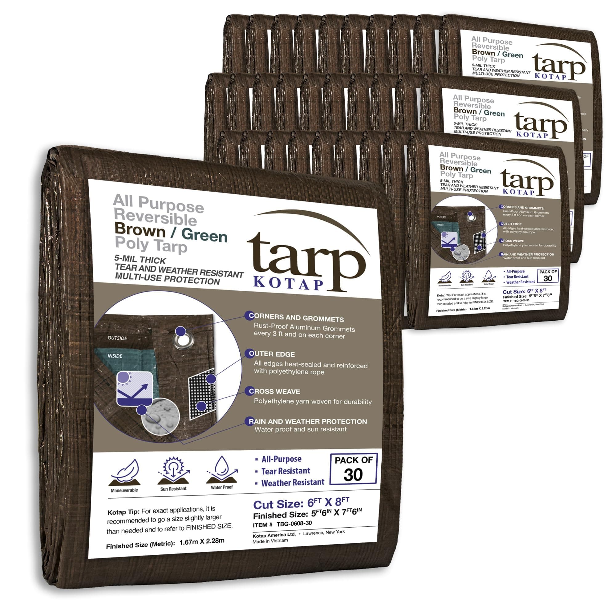 Kotap TBG-0608-30 All Purpose Reversible Poly Tarp, 6 ft. X 8 ft, Brown-Green, 30 Count