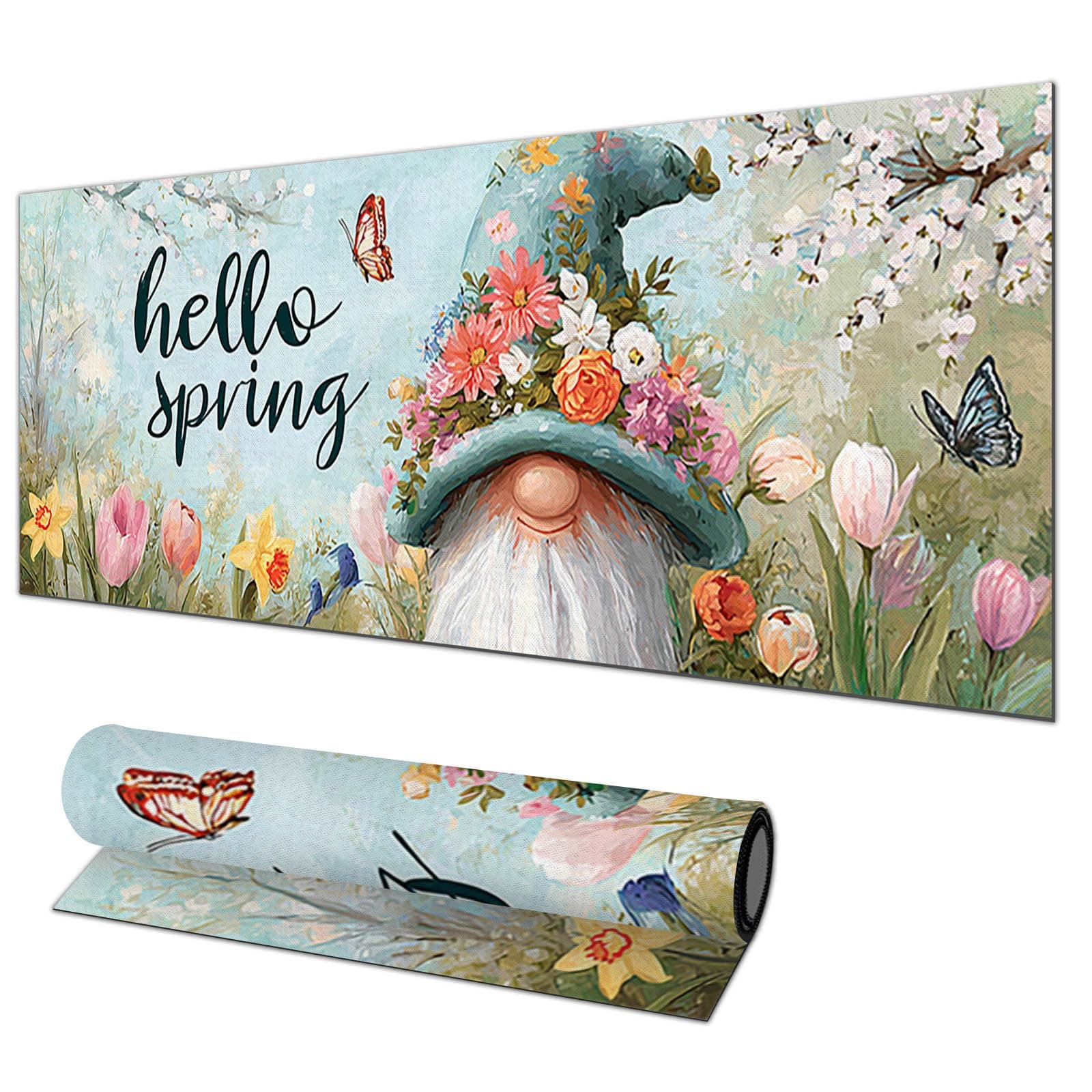 HOMETITUTE Hello Spring Gnome Gaming Mousepad XL Mouse Pad 31.5x11.8 Inch Non-Slip Keyboard Desktop Protector Mat Diatomite Large Mouse Pad for Home and Office Desk Accessories