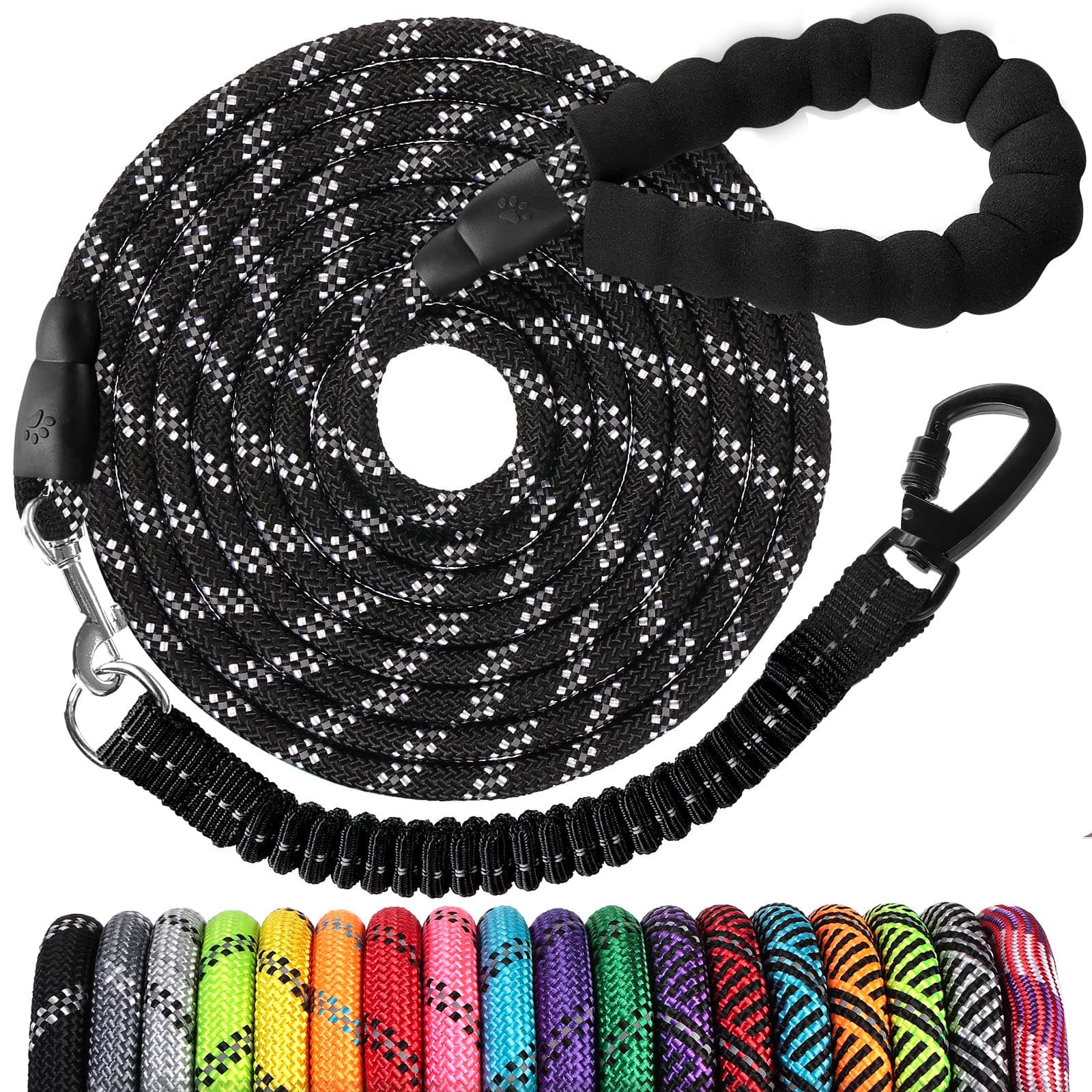 Long Dog Leash 100 FT: Heavy Duty Rope Leashes for Dogs Training with Swivel Lockable Hook Reflective Threads Bungee and Padded Handle - Dog Lead for Large Small Medium Dogs Outside Walking Hiking