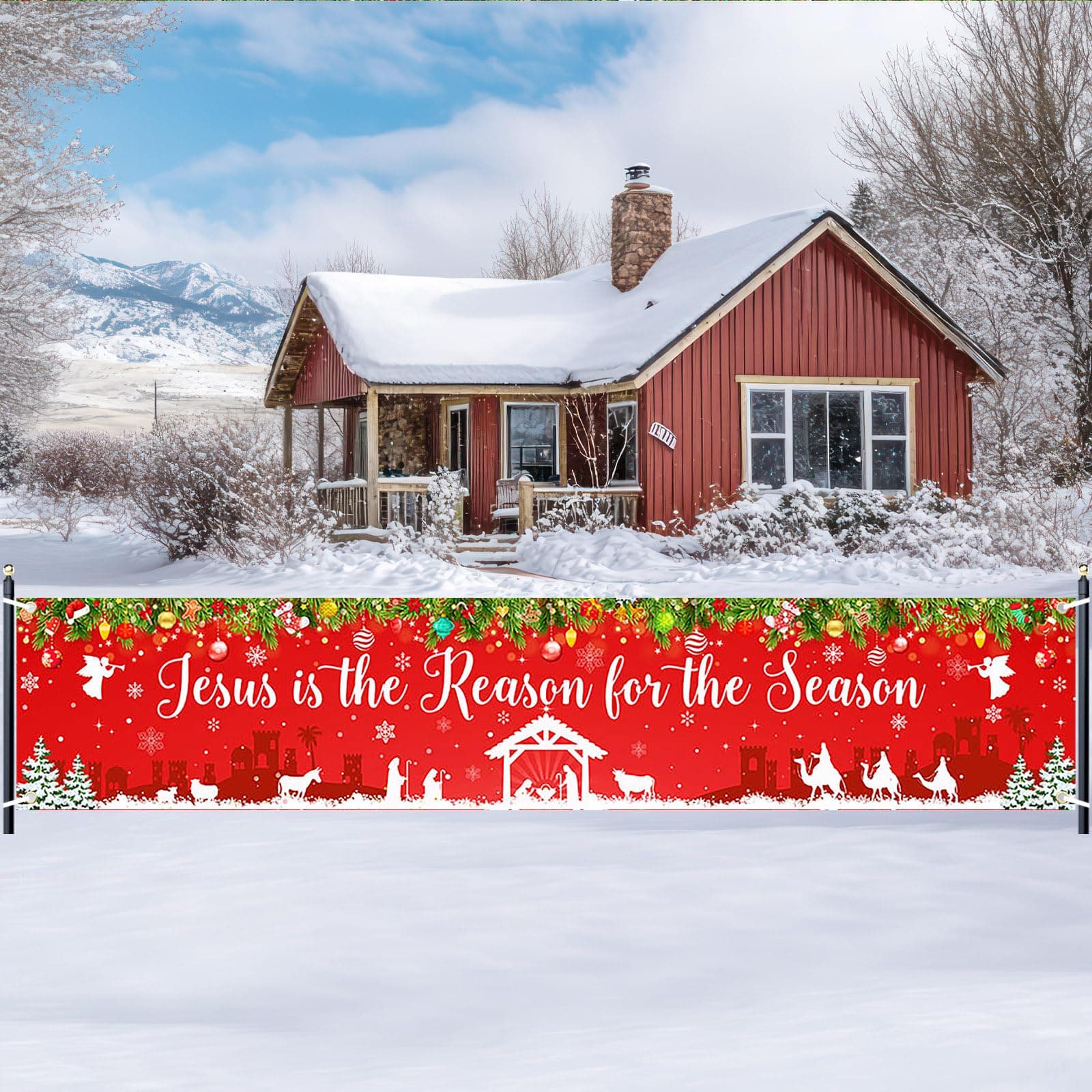 Lecheme Large Christmas Jesus Is the Reason for the Season Banner - 8.2x1.6 ft Outdoor Fence Banner