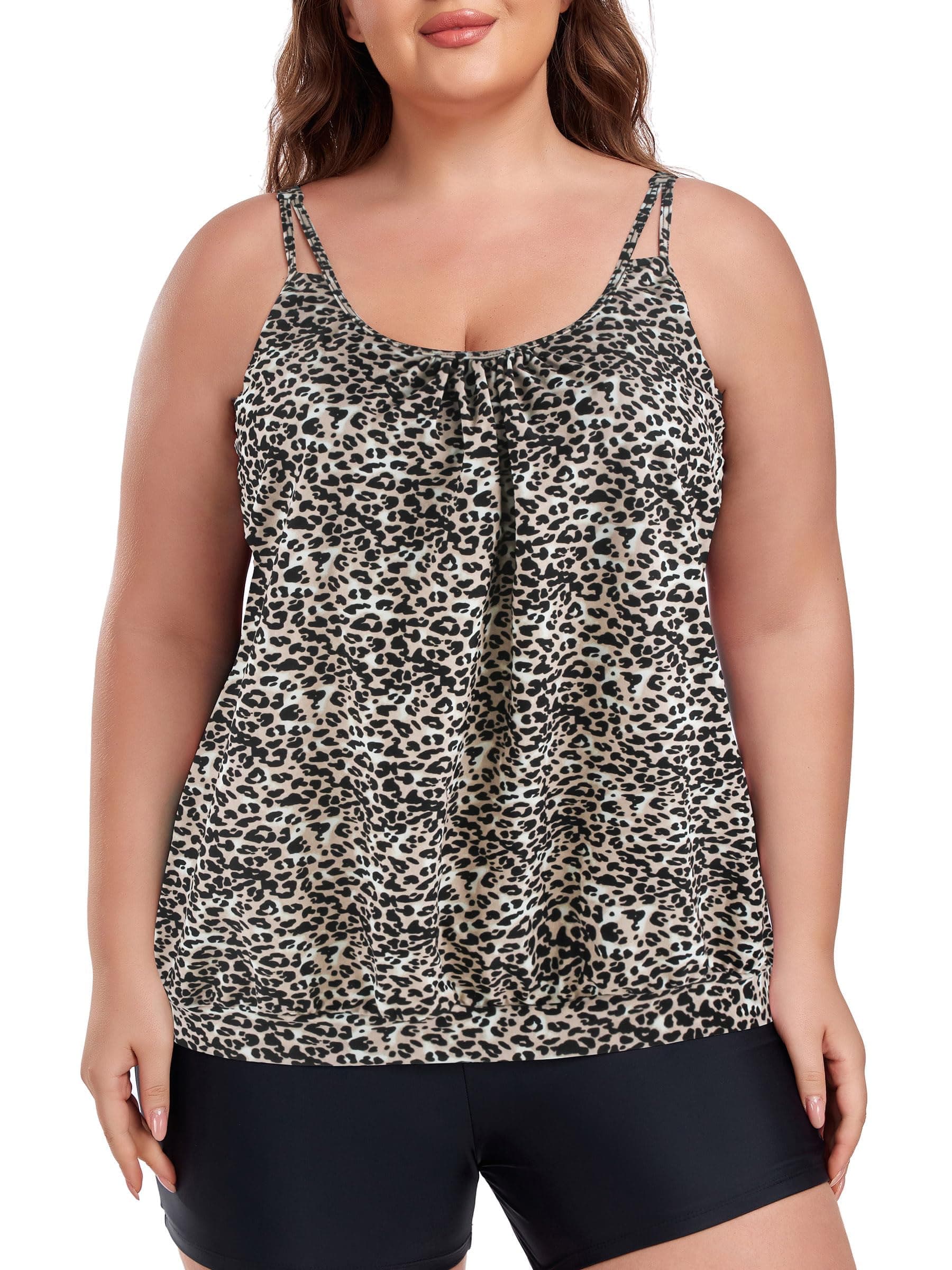 Ocean Blues Women's Leopard Plus Size Tankini Top Loose Fit Blouson Swimsuit Top with Adjustable Straps Size X-Large