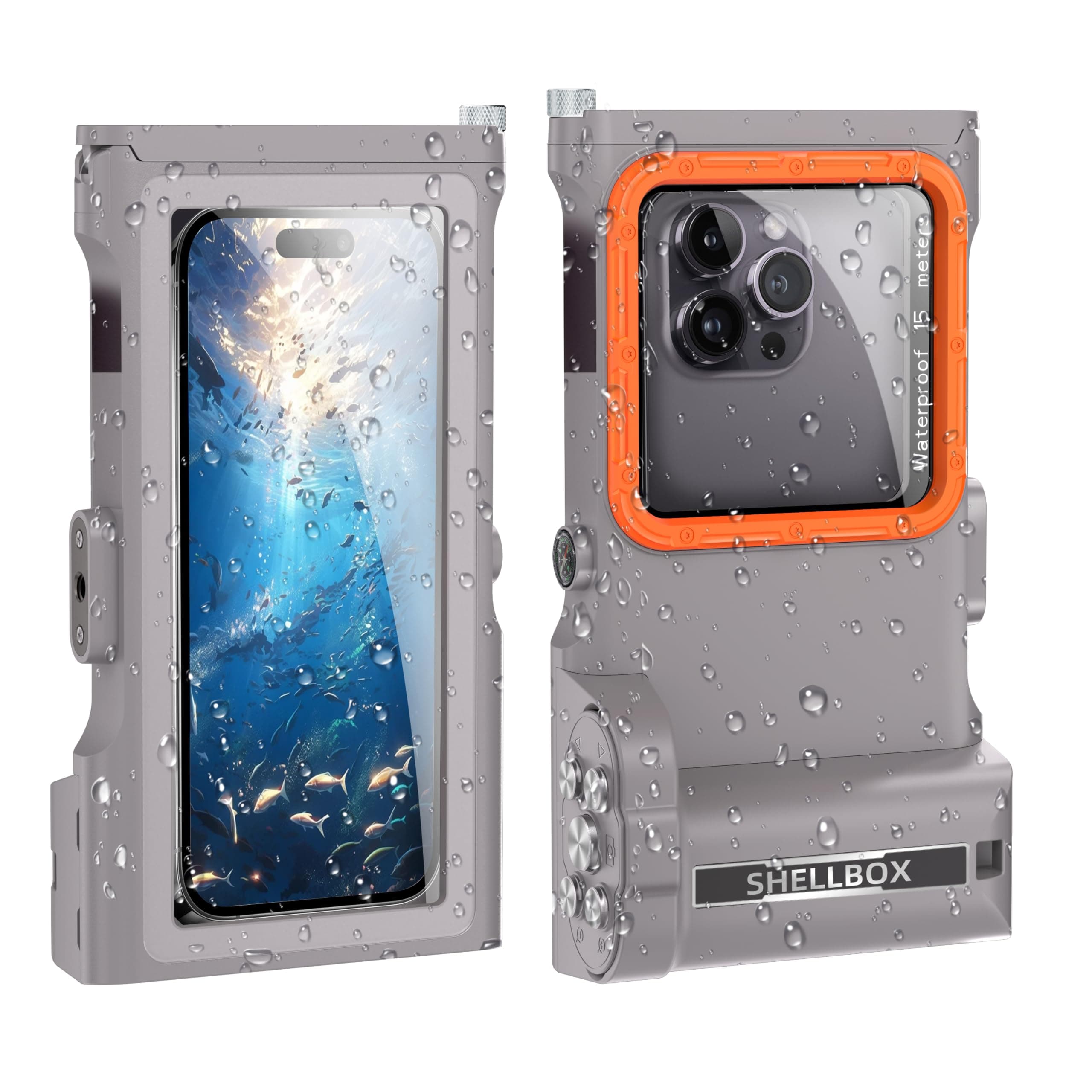 MRUOZRUI Dive Scuba Case-50FT/15M Waterproof Underwater Phone Housing for Snorkeling Filming Picture, Compatible with iPhone 16/15/14 Pro Max Samsung Galaxy S25/24/23 Ultra Plus, Grey & Orange