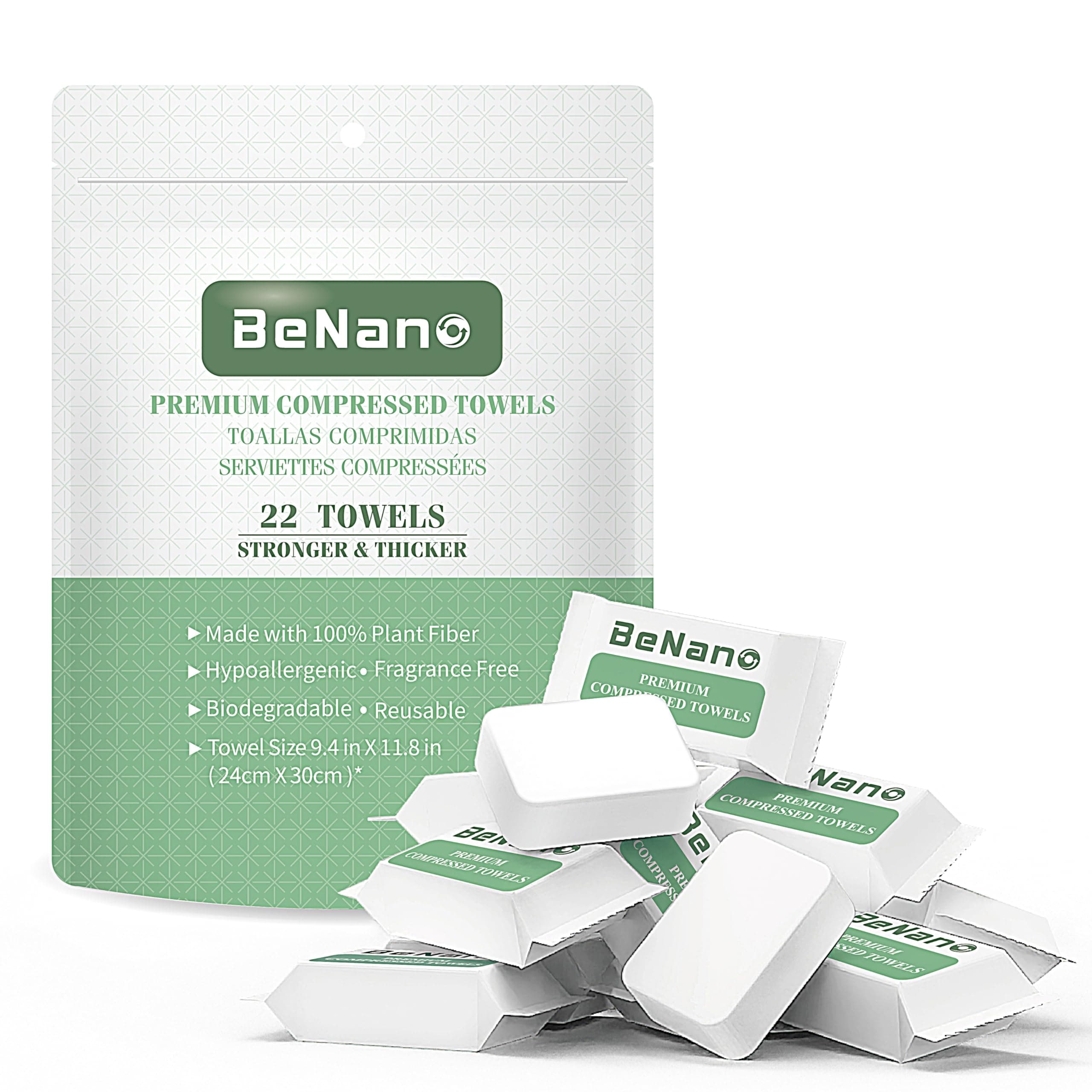Benano Premium Compressed Towels Tablets, Portable Face Washcloths for Camping, Travel, Hiking, Guests, Outdoors, Thicker and Larger, Biodegradable, 22PCS