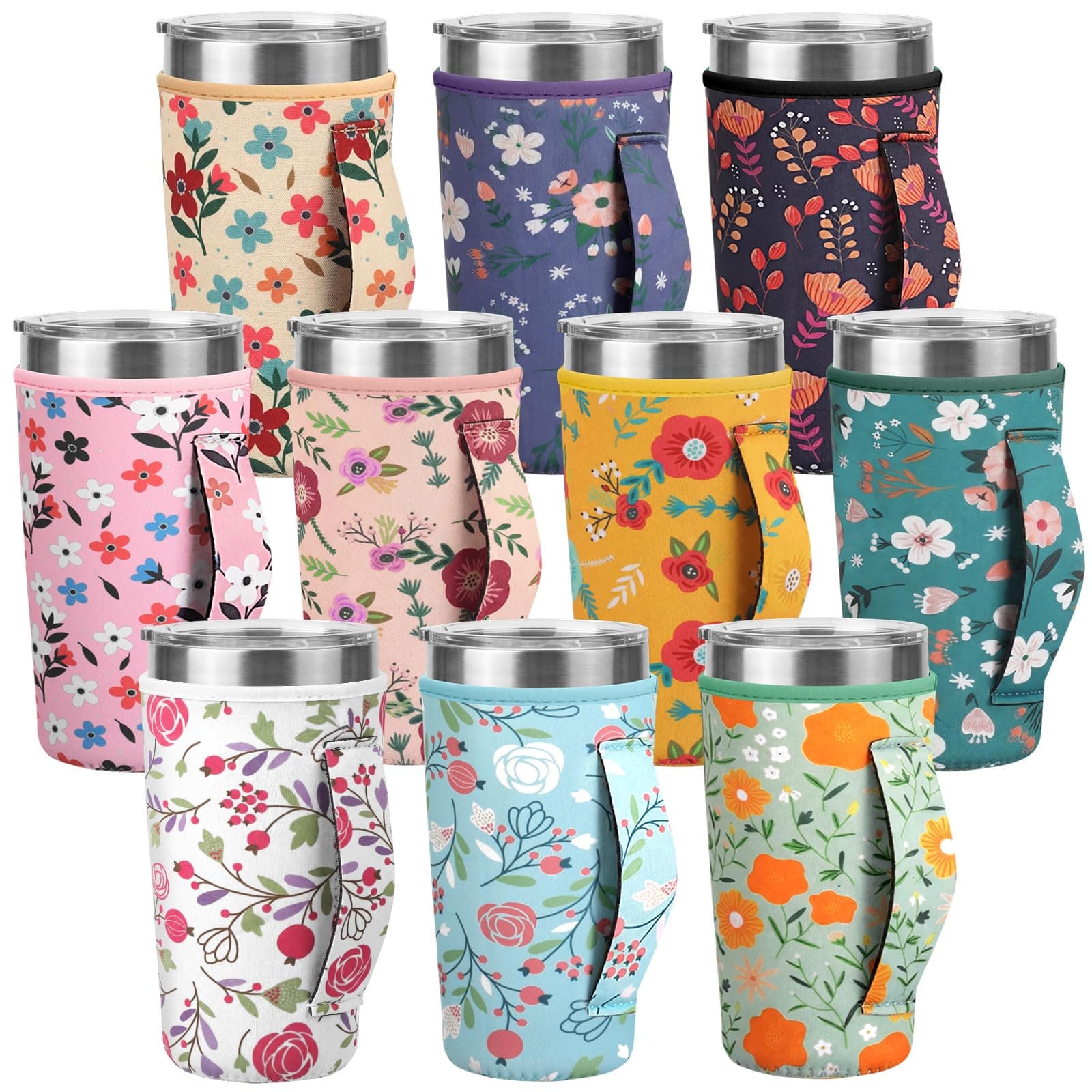 Layhit 10 Pcs Wildflower Coffee Cup Sleeves Reusable Neoprene Cup Sleeve with Handle for Galentines Valentine's Day Anniversary Wedding Gifts for 30 oz Cold Hot Drinks Beverages Tumbler
