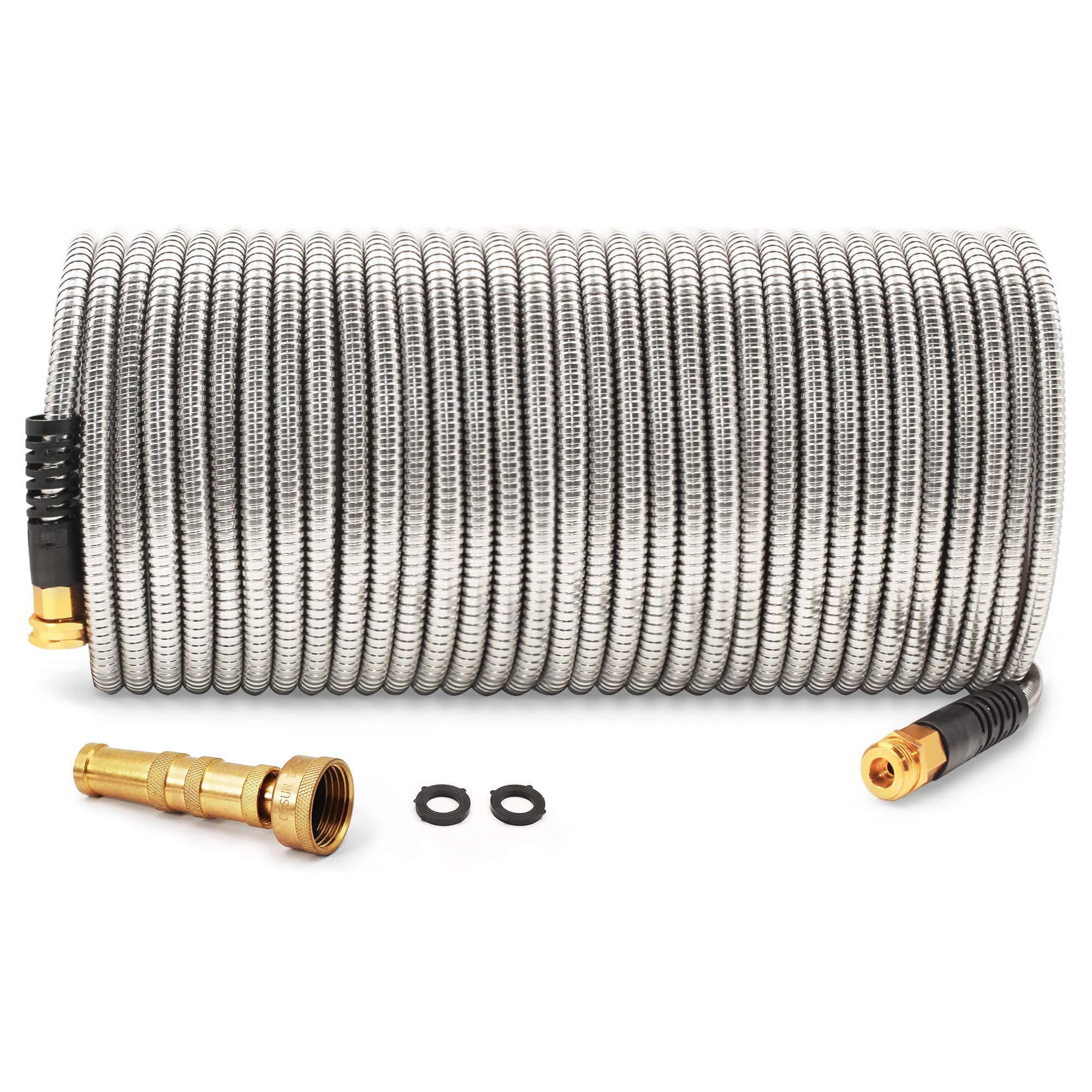 Cesun 100 Feet 304 Stainless Steel Metal Garden Hose with Solid Brass Nozzle, Lightweight Portable Durable Cool to The Touch, Flexible and No Kink, Tangle Puncture Resistant (100 Feet Upgraded)
