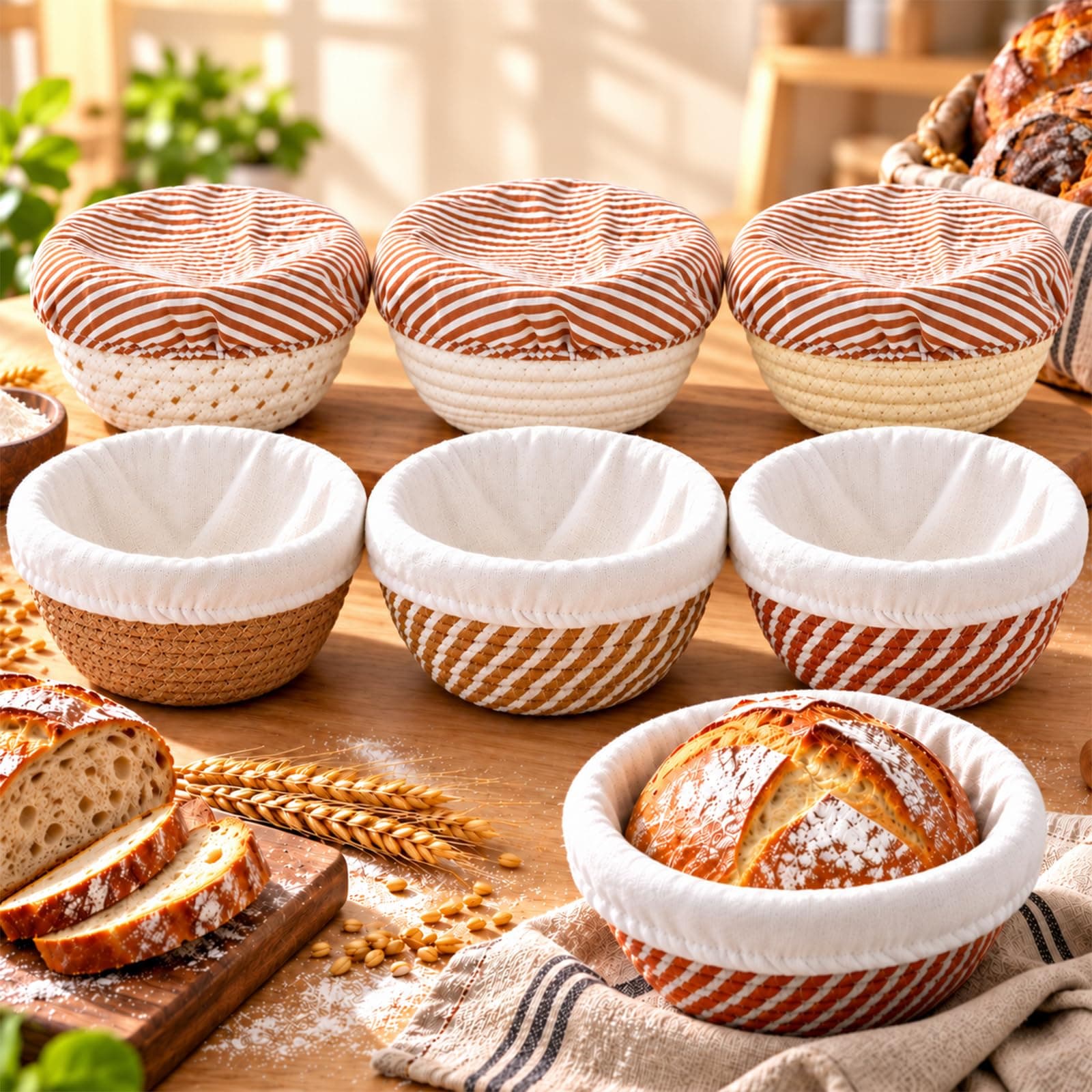 Yiyiring 6 Set Mini Banneton Bread Proofing Basket 5.5 Inch Natural Cotton Rope Mini Proofing Bowls Kit with Cloth Liner 6 Colors Small Sourdough Bread Baking Supplies for Home Baking
